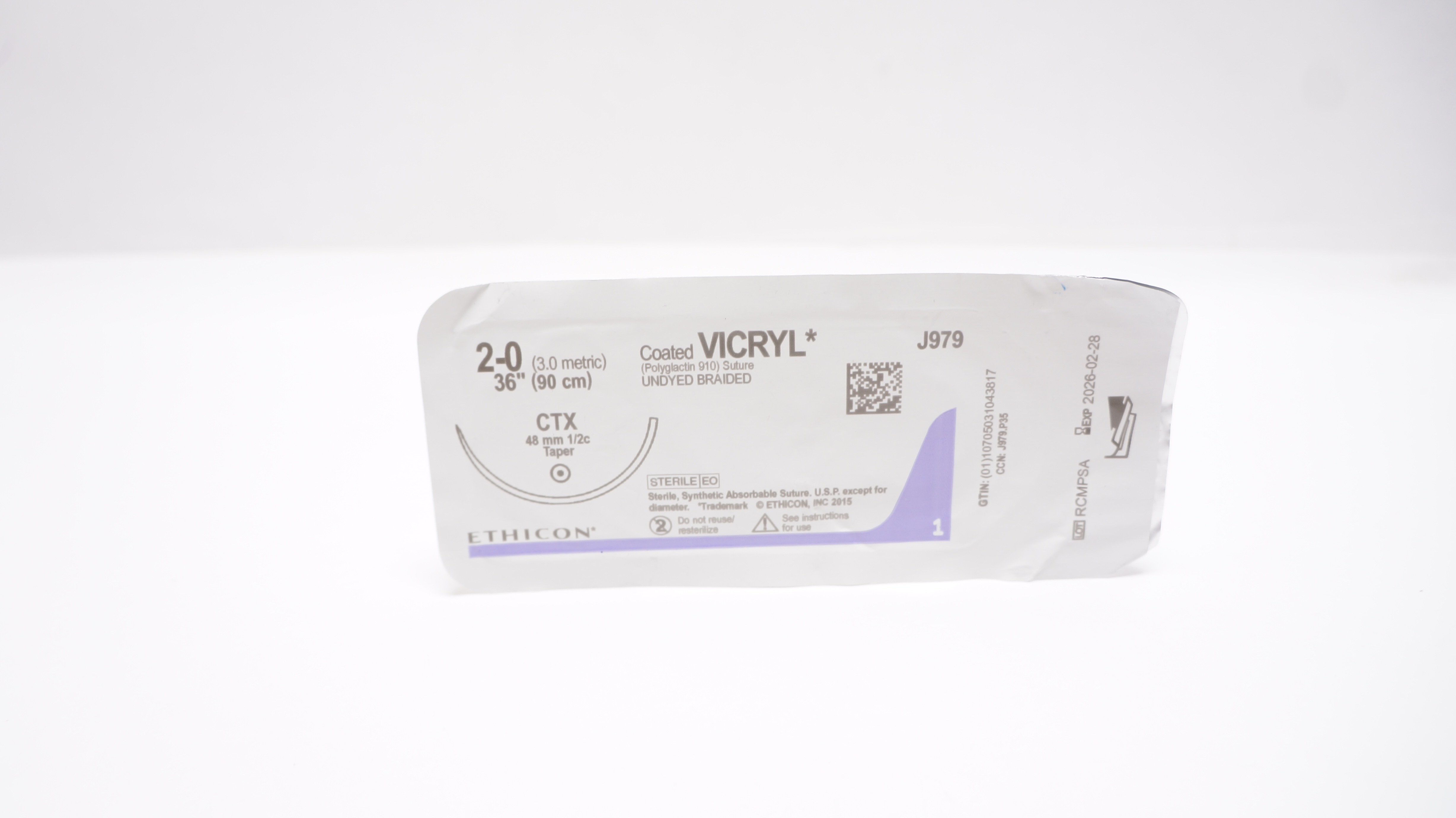 Ethicon J979 2-0 Coated VICRYL Undyed Braided, CTX,  48mm 1/2c Taper,  36inch