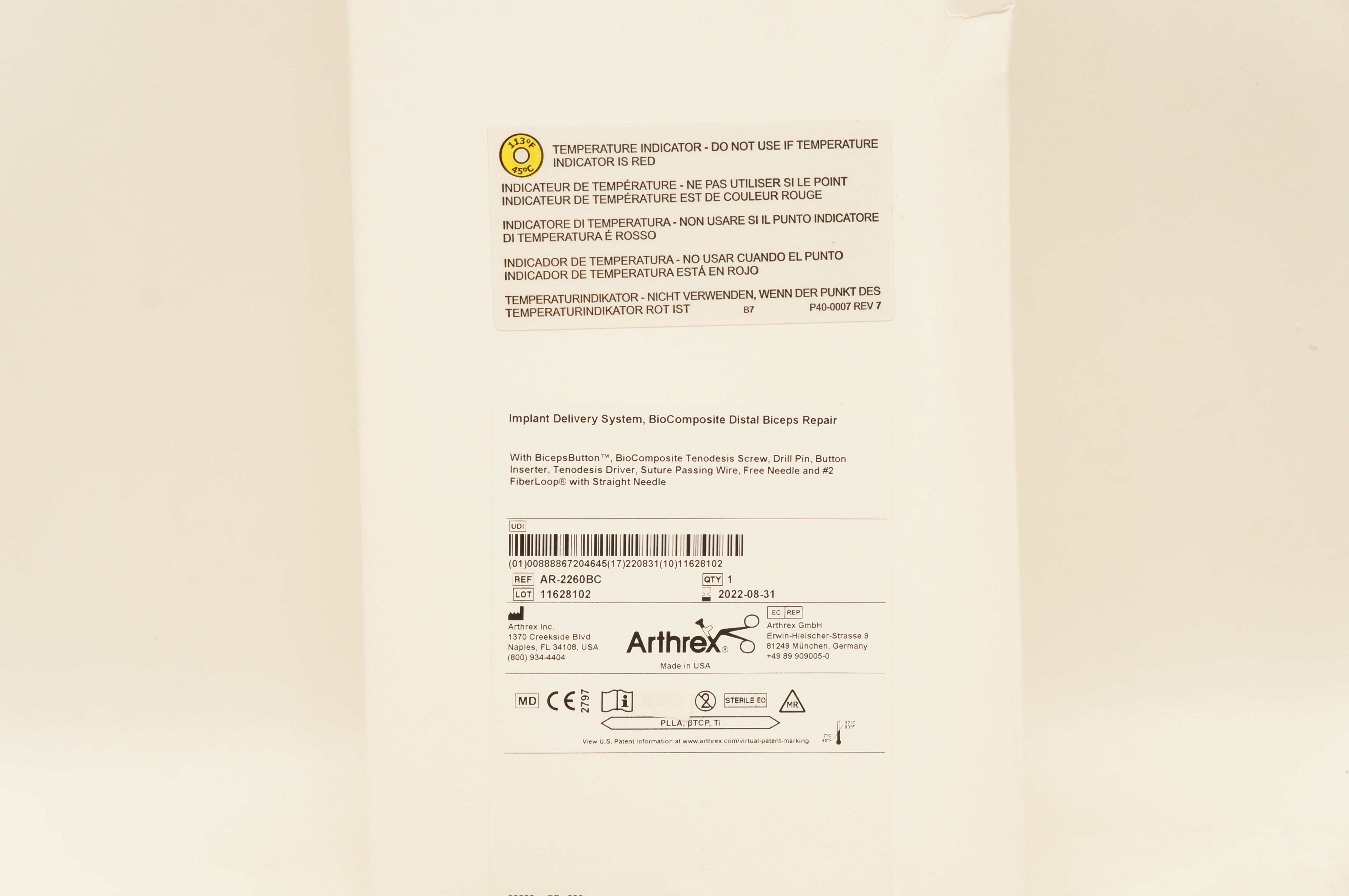 Arthrex AR-2260BC Implant Delivery System BioComposite Distal Biceps Repair