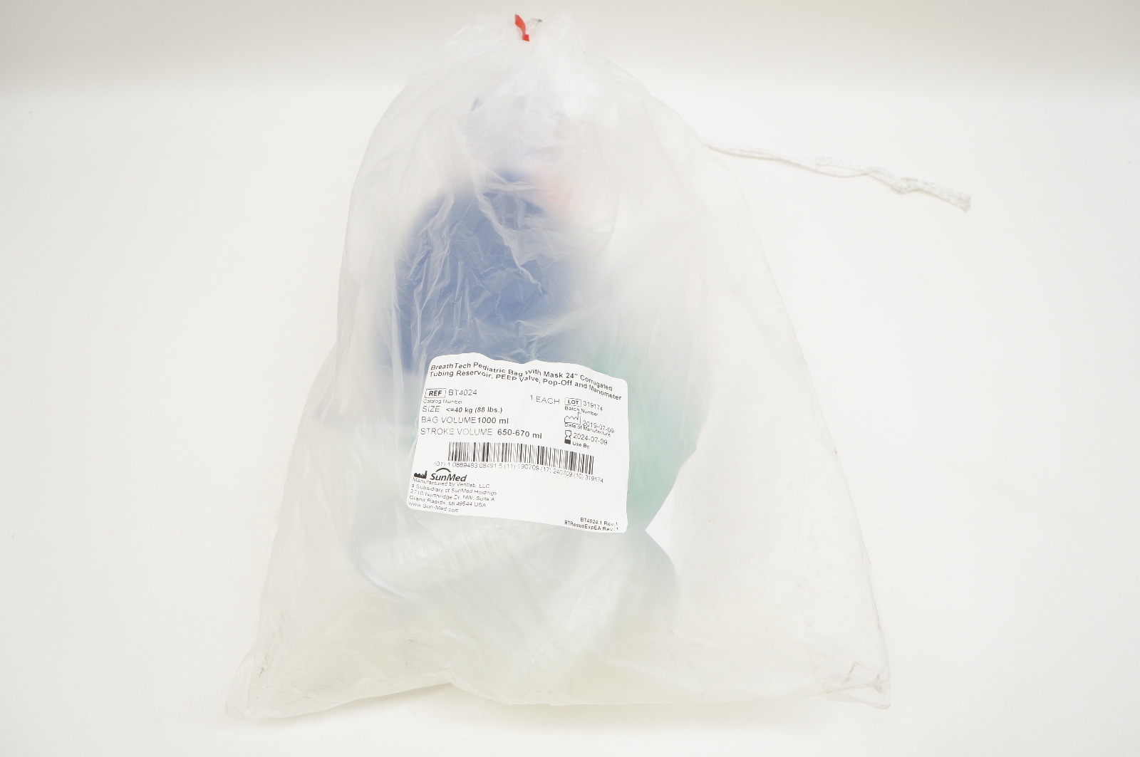 SunMed BT4024 Breath Tech Pediatric Bag with Mask 24inch Corrugated Tubing 40kg