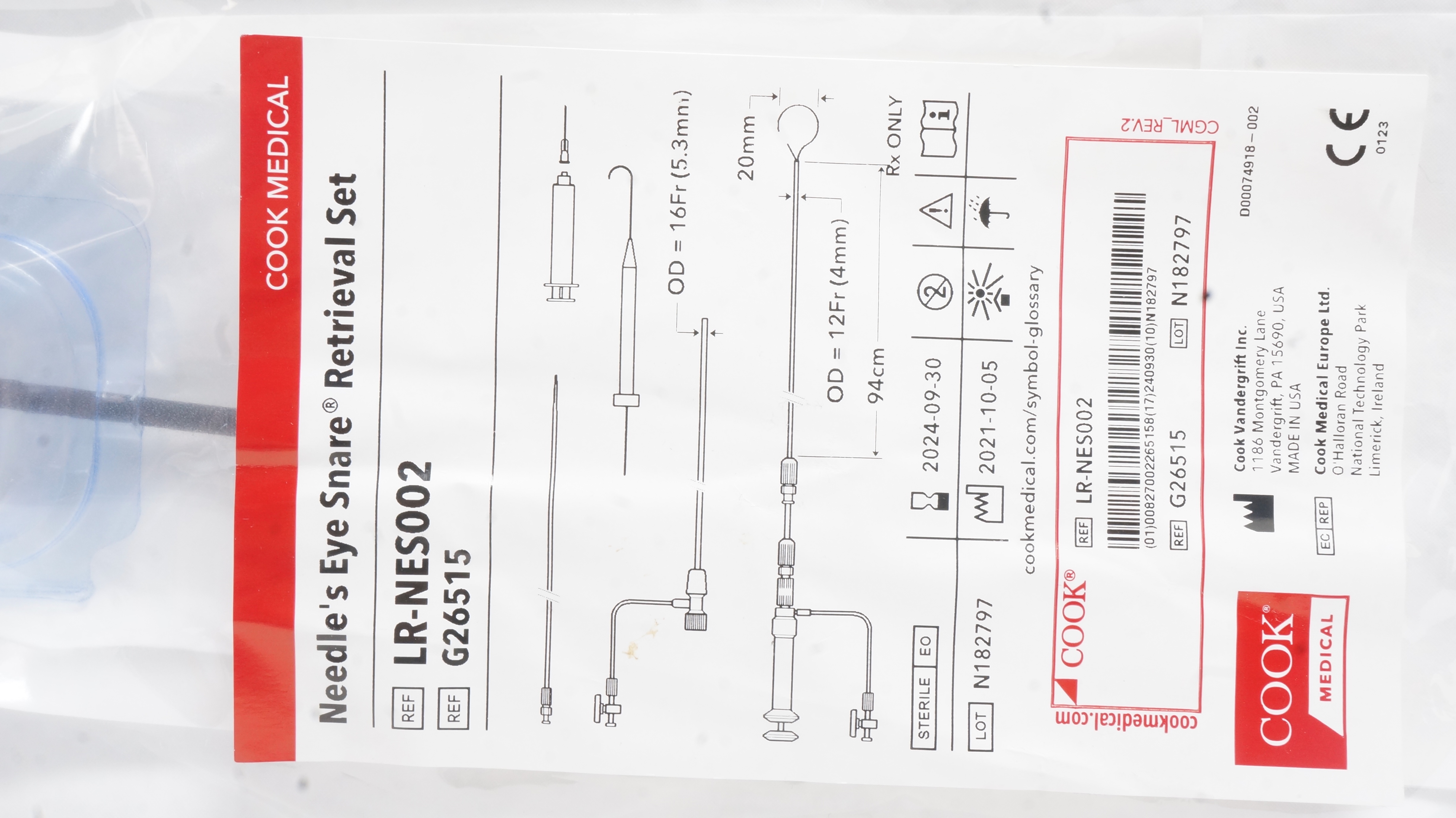 Cook Medical G26515 Ndle's Eye Snare Retrieval Set 16Fr x 20mm 12FR x 94cm