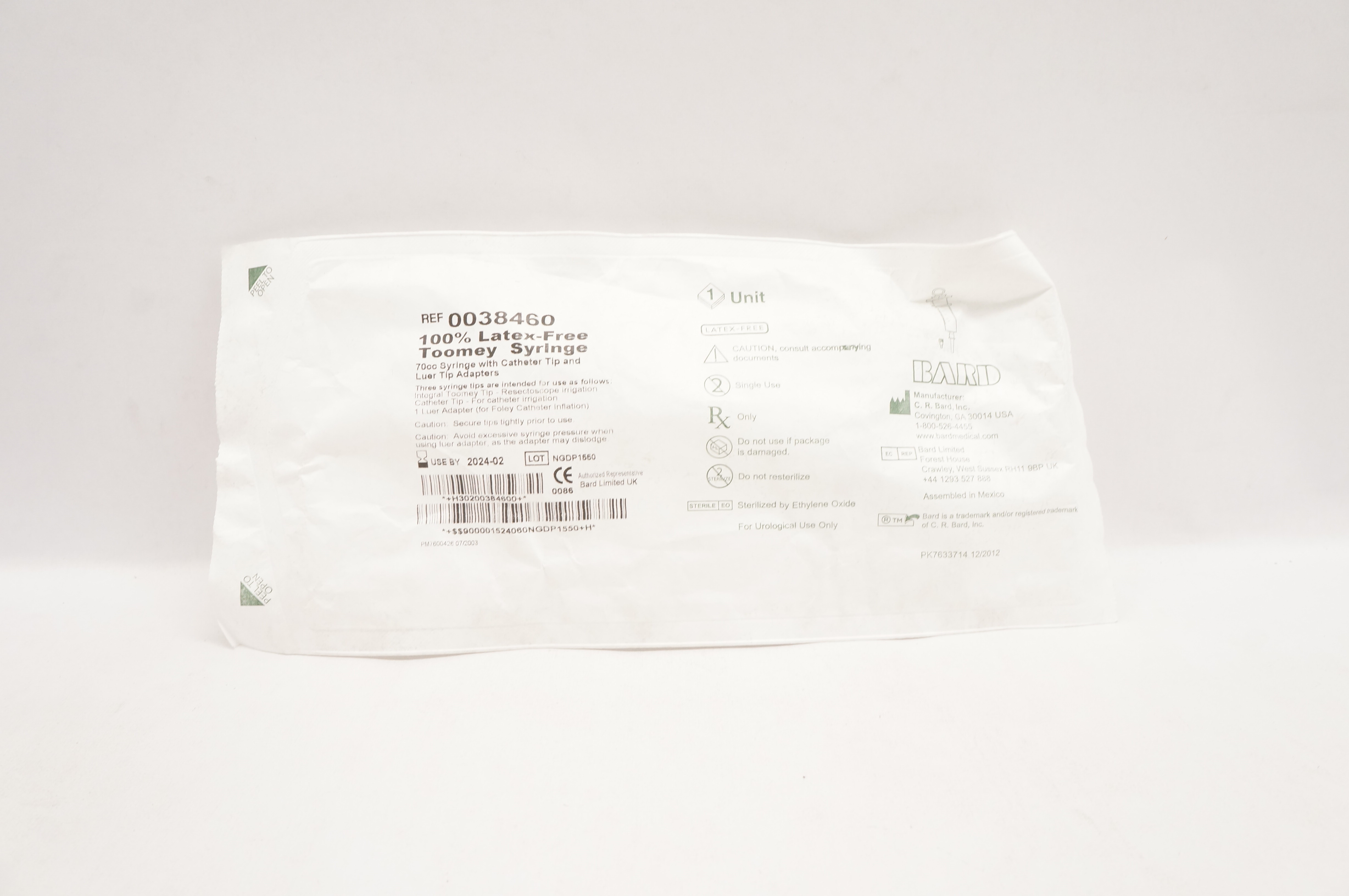 Bard 0038460 Toomey Syringe 70cc With Cath. Tip & Luer Tip Adapters