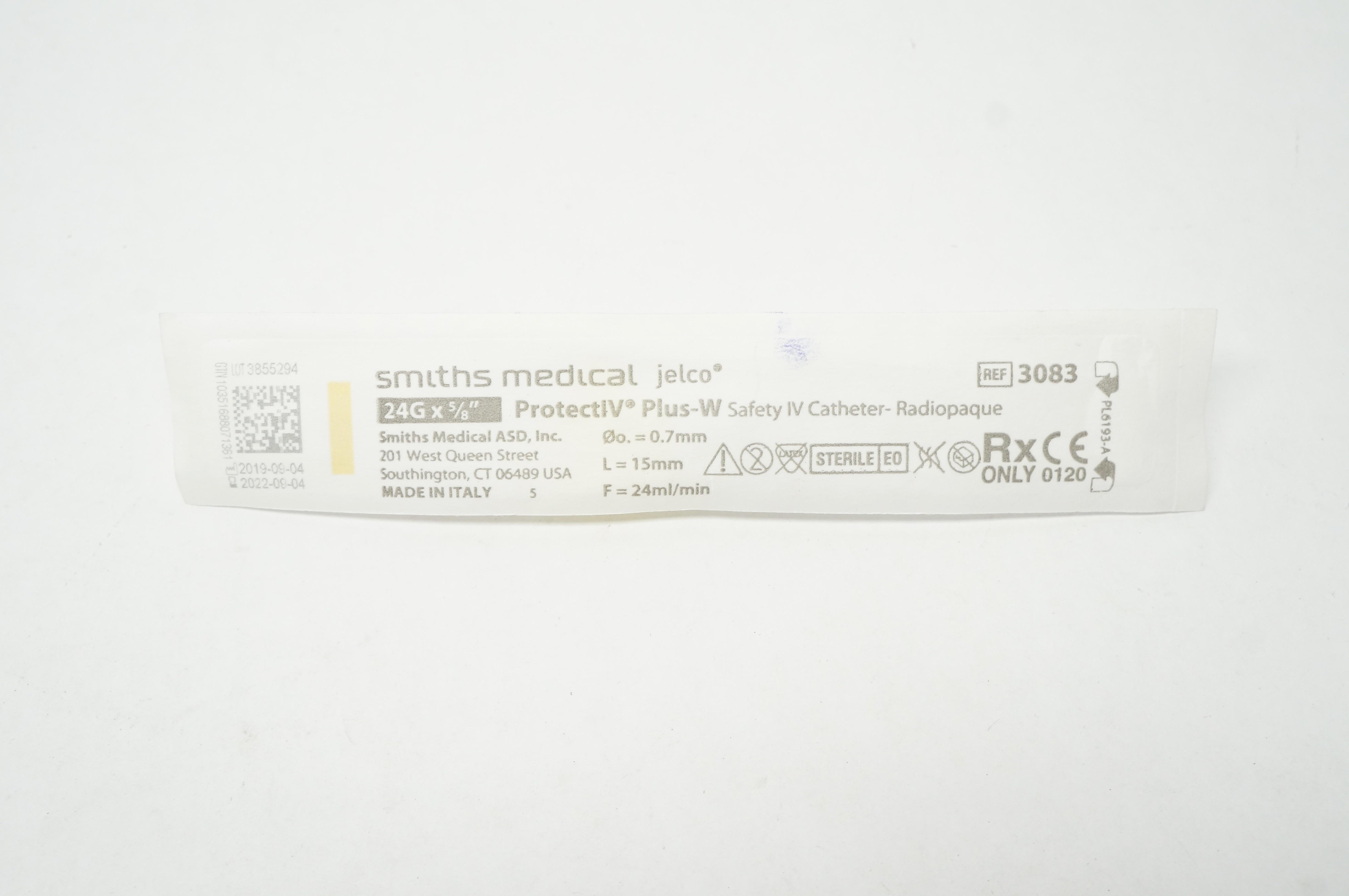 Smiths Medical 3083 Jelco Protect IV Plus-W Safety IV Cath. 24G x 5/8 inch (x)