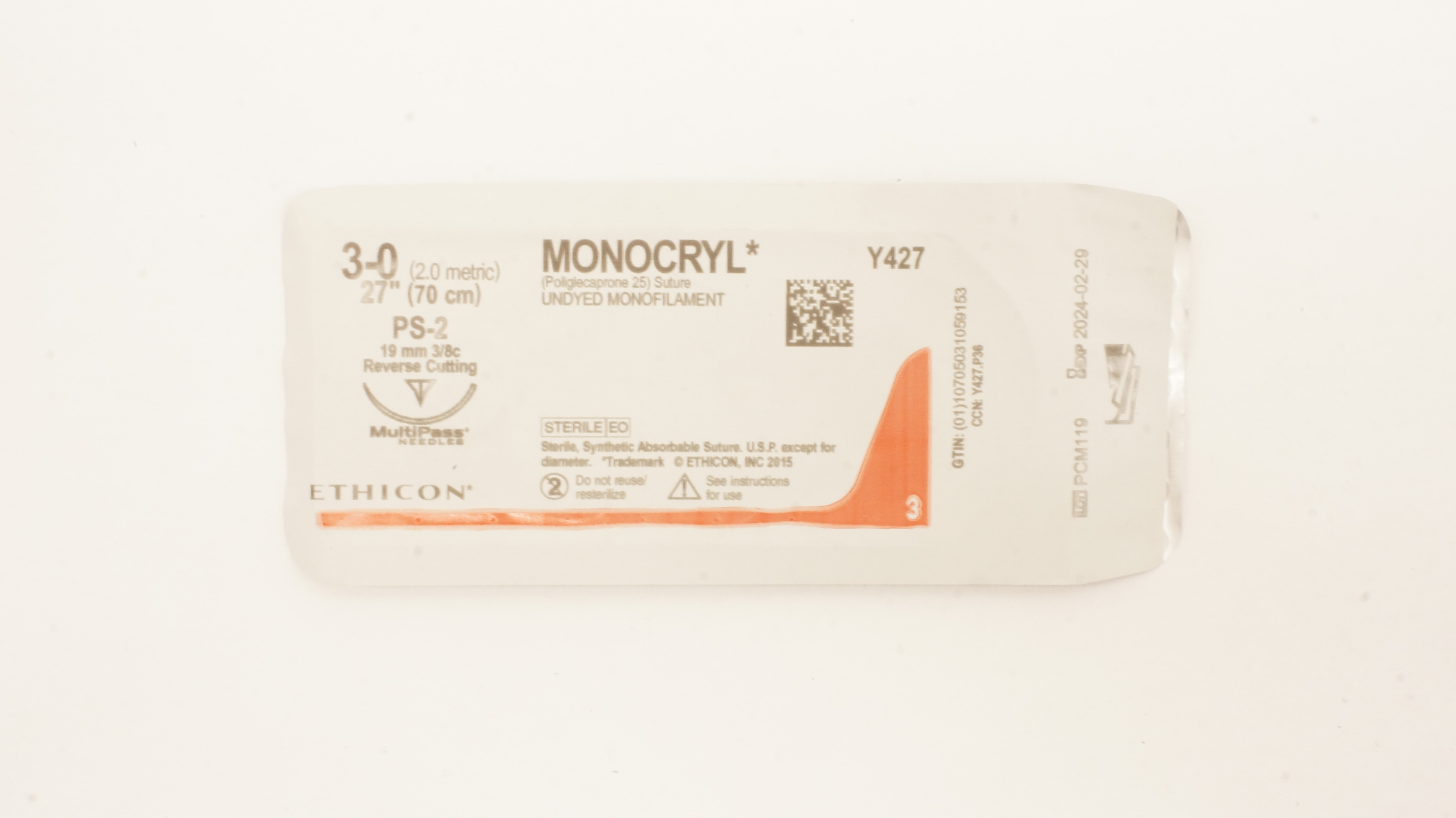 Ethicon Y427 3-0 MONOCRYL Stre Undyed PS-2 19mm 3/8c Reverse Cutting, 27inch