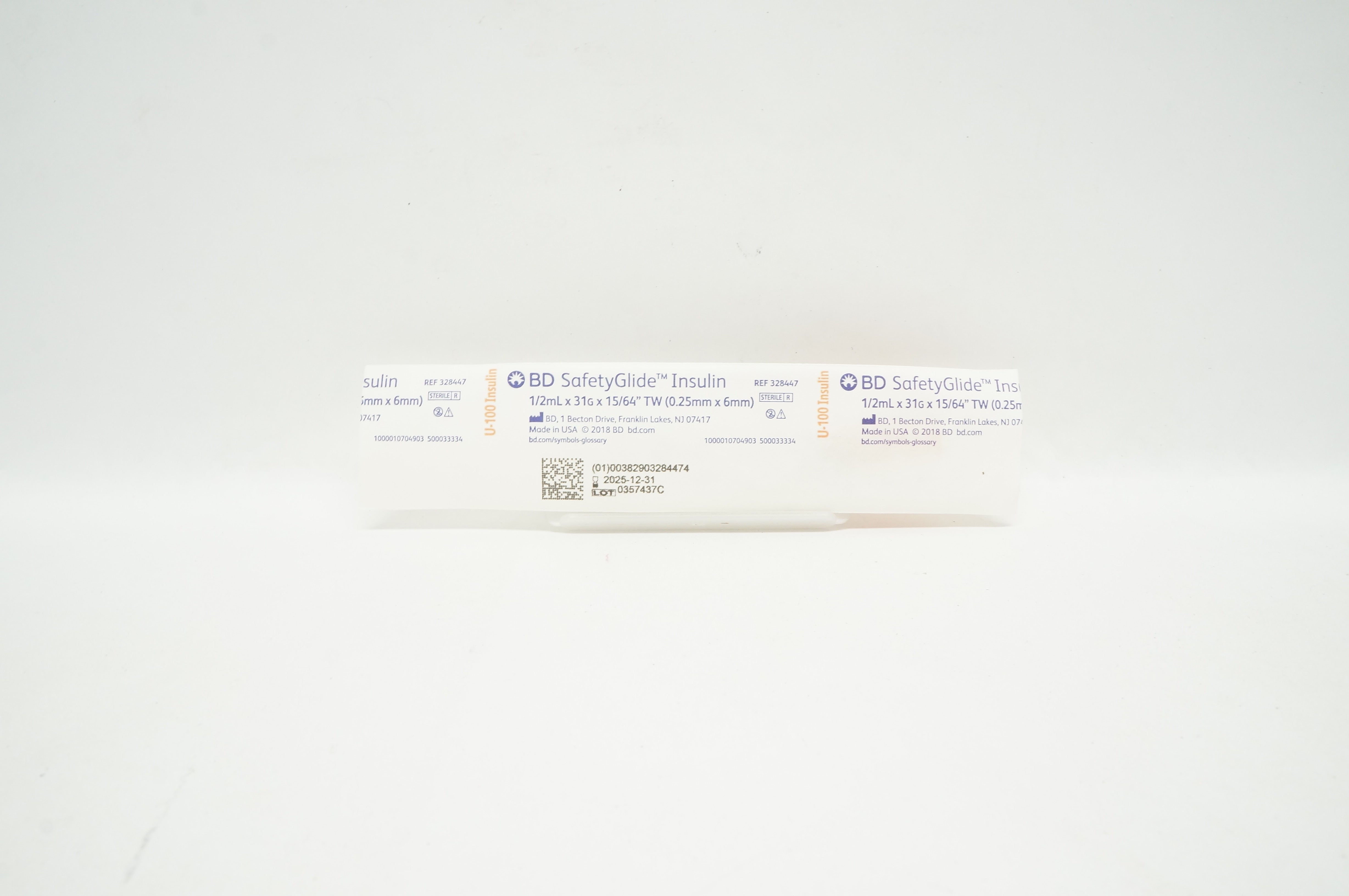 BD 328447 SafetyGlide Insulin Syringe 1/2mL, 31G x 15/64inch TW