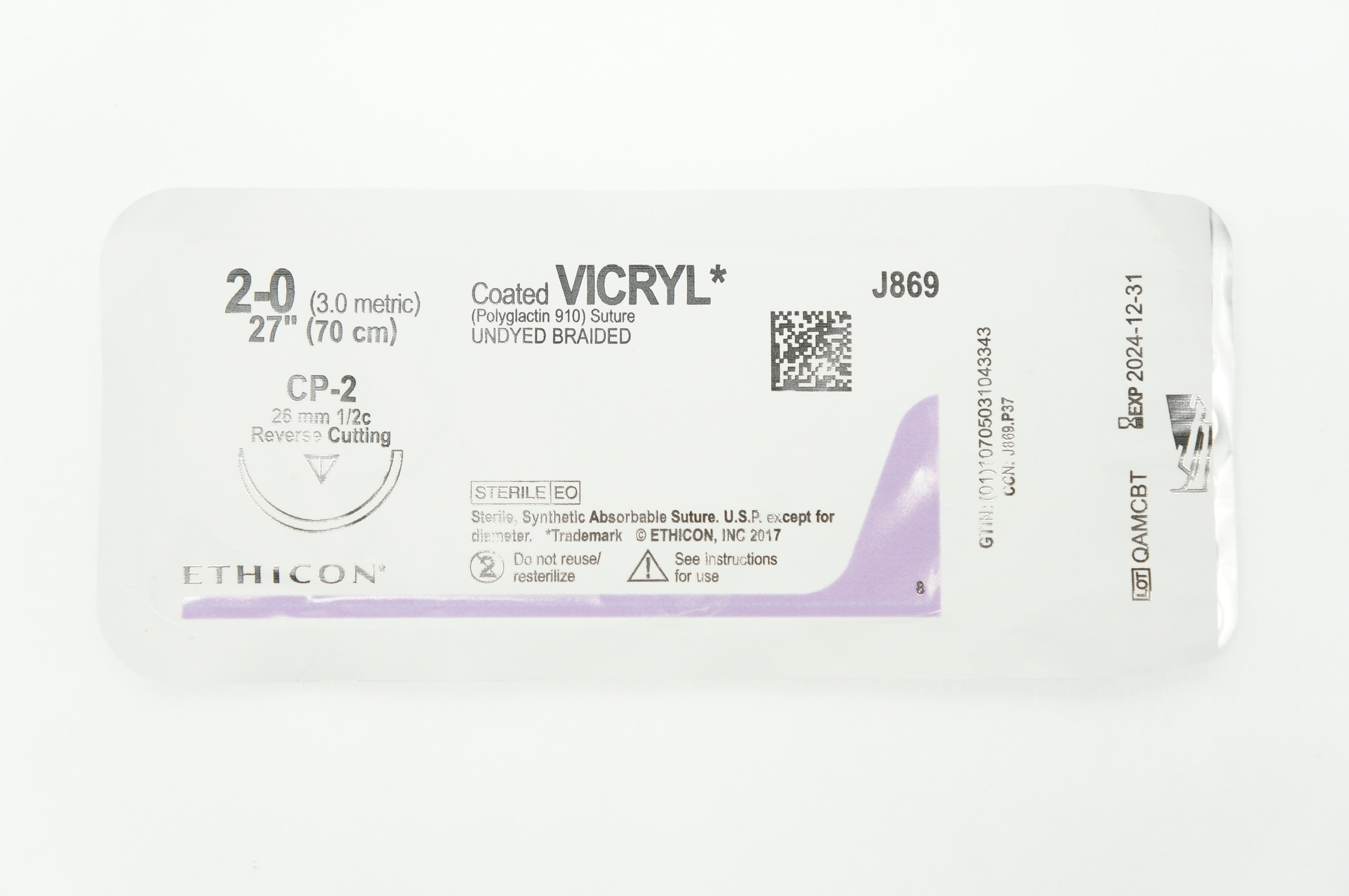 Ethicon J869 2-0 VICRYL CP-2 26mm 1/2c Reverse Cutting 27inch