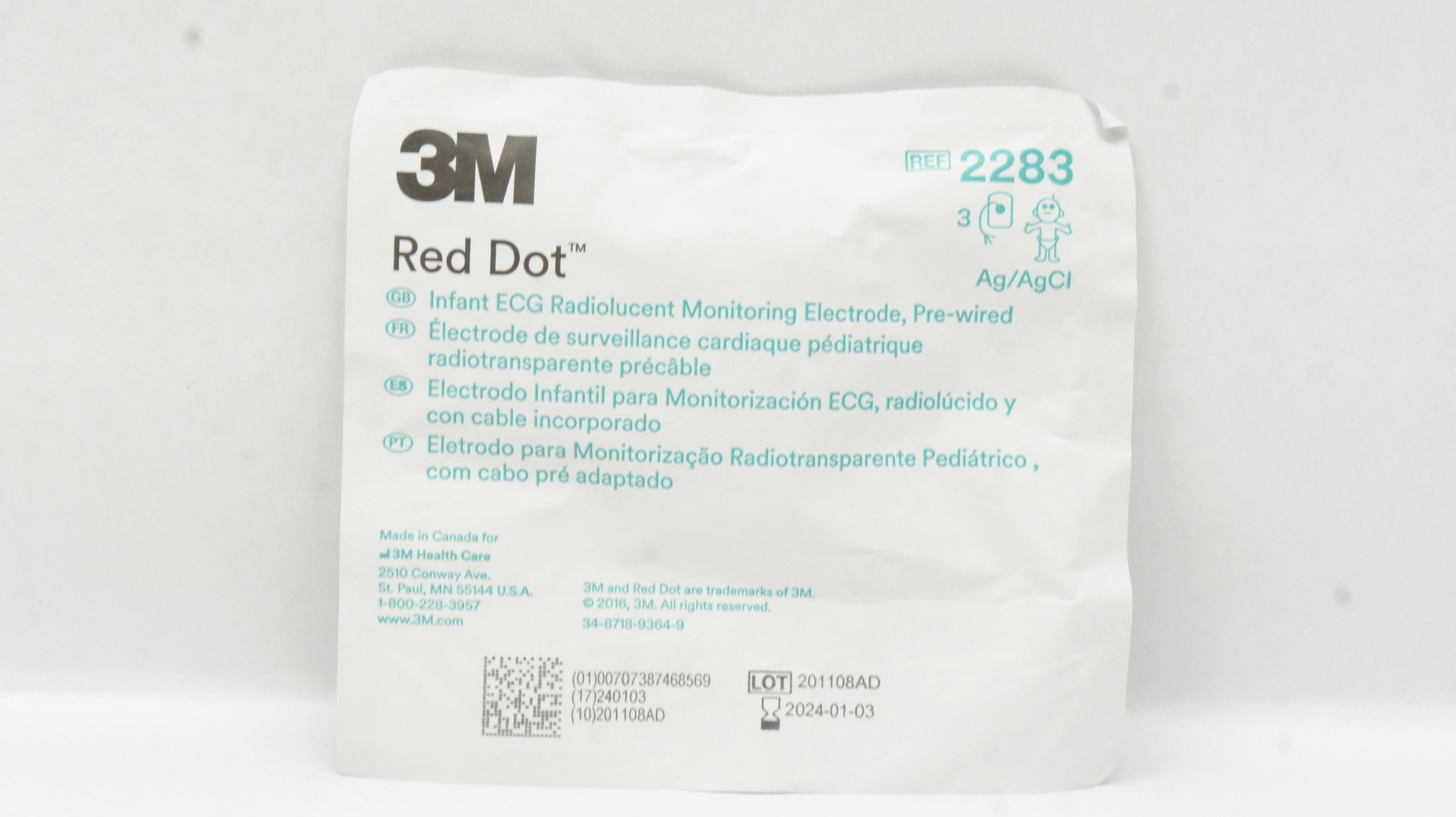 3M 2283 Infant ECG Radiolucent Monitoring Electrode, Pre-Wired (x)  - Pack of 3