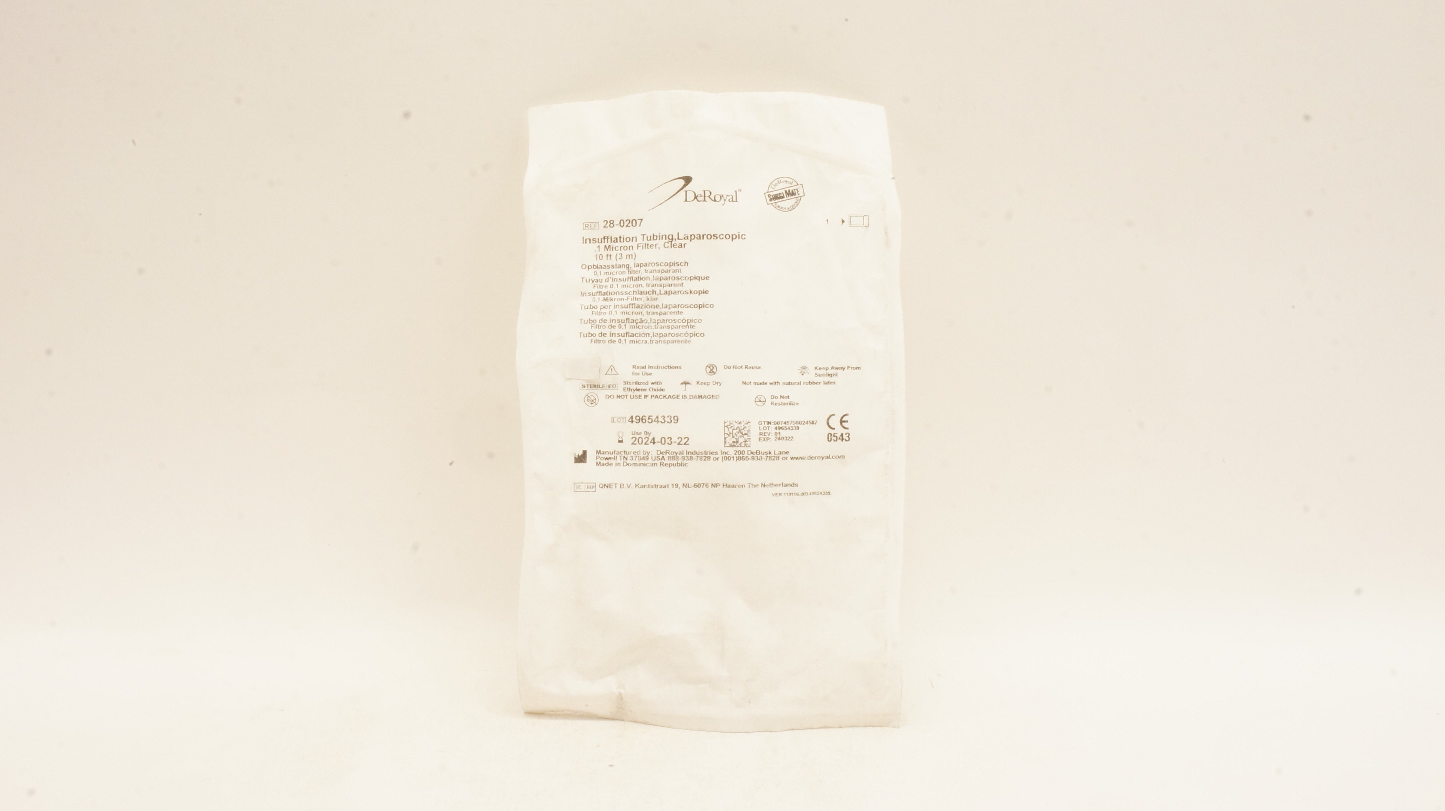 DeRoyal 28-0207 Insufflation Tubing Laparoscopic 1 Micron Filter Clear 10ft