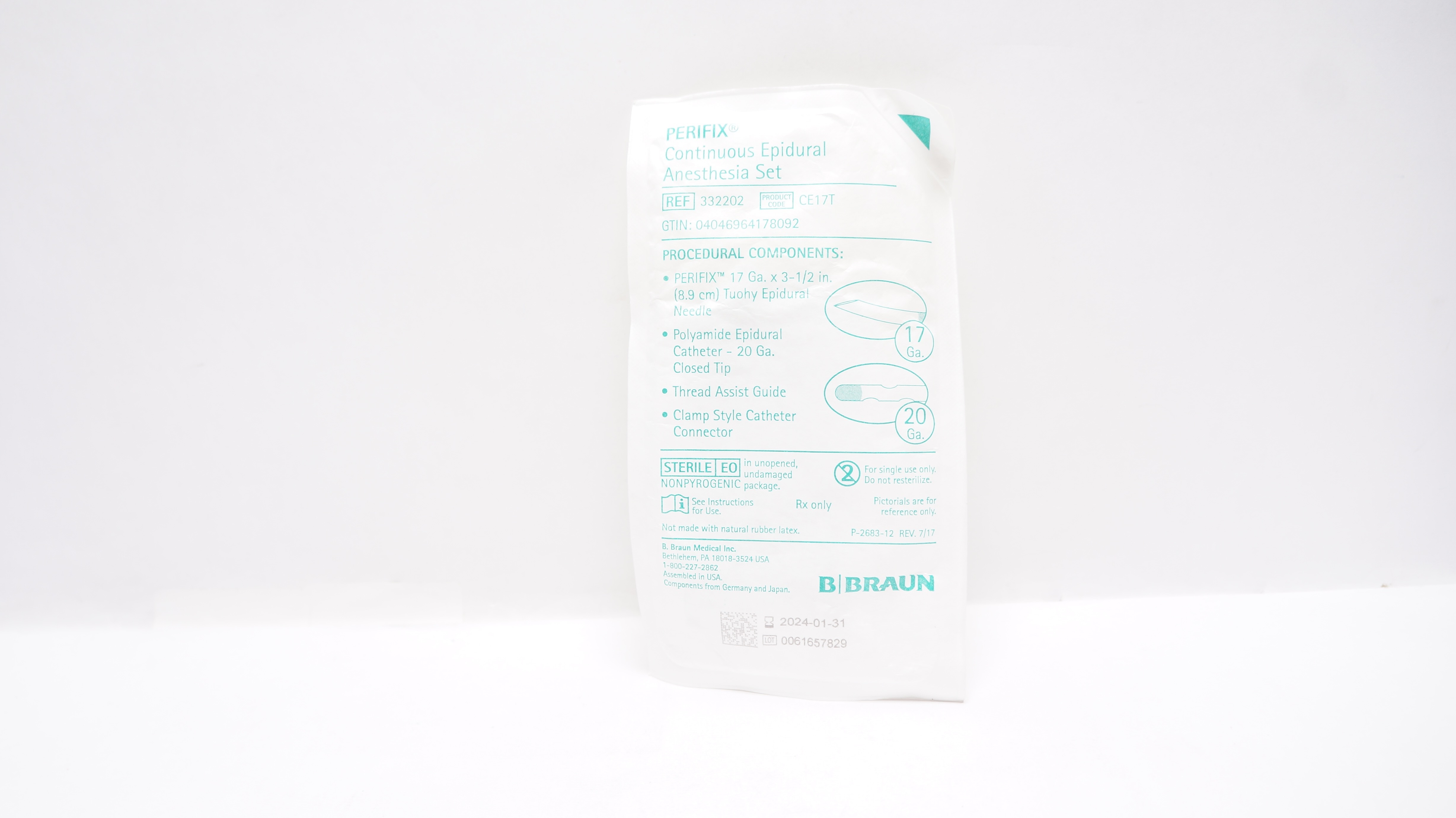 Braun 332202 Prefix Continuous Epidural Anesthesia Set 17Ga x 3-1/2inch, 20Ga(x)