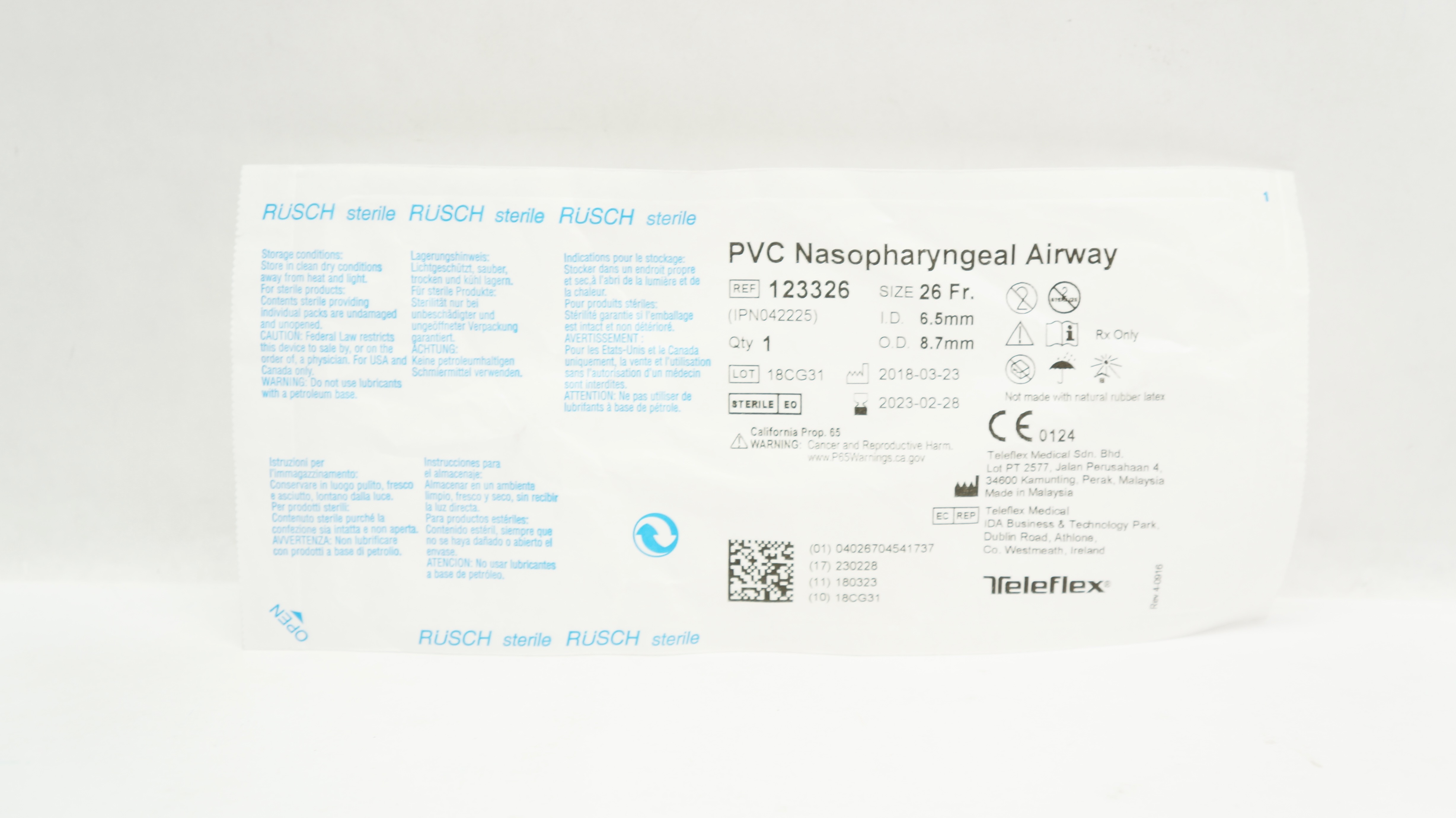 Teleflex 123326 Rusch PVC Nasopharyngeal Airway 26Fr. x 6.5mm ID x 8.7mm OD (x)