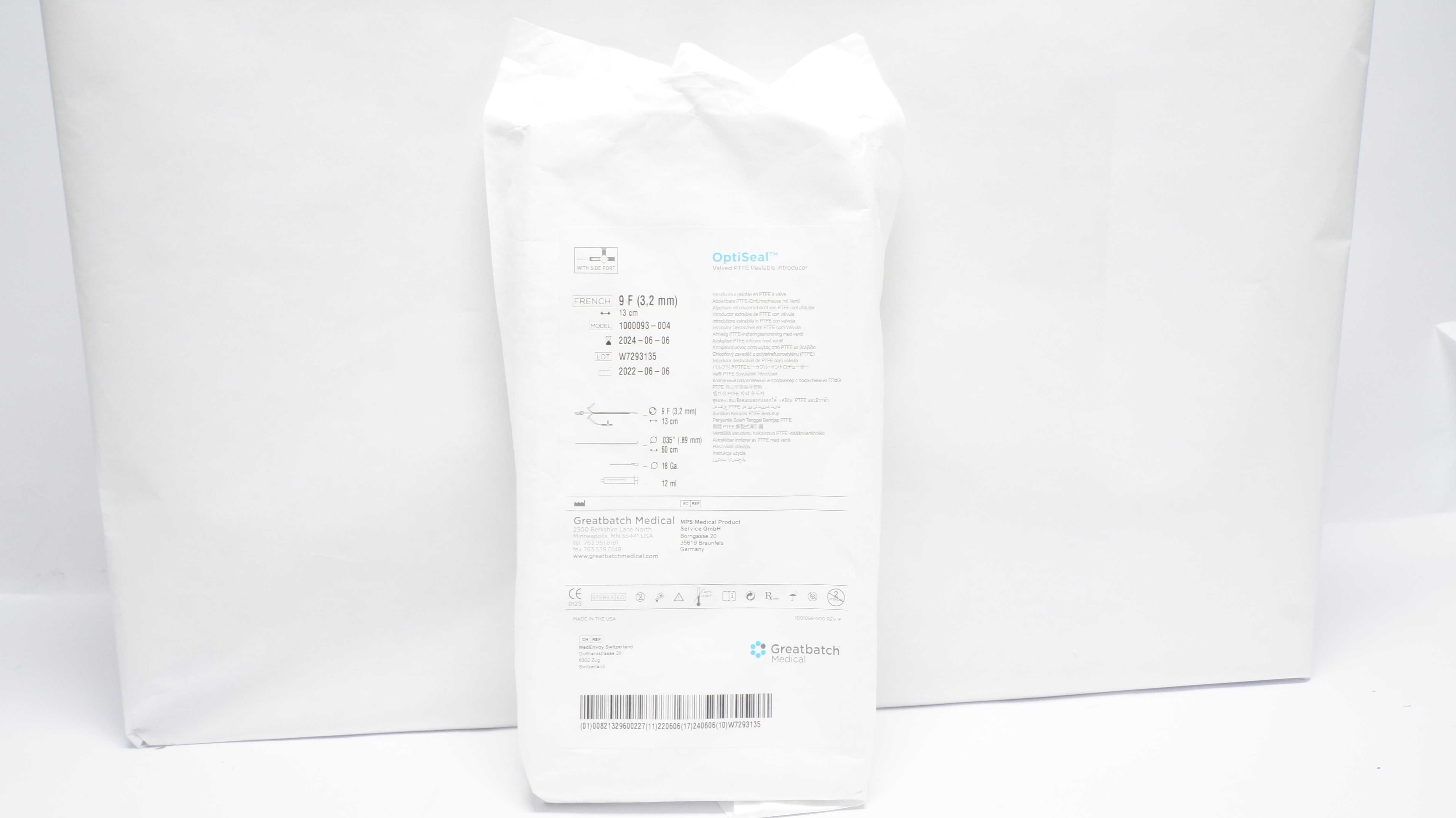 Greatbatch 1000093-004 OptiSeal Valved PTFE Peelable Introducer 9F x 13cm (x)