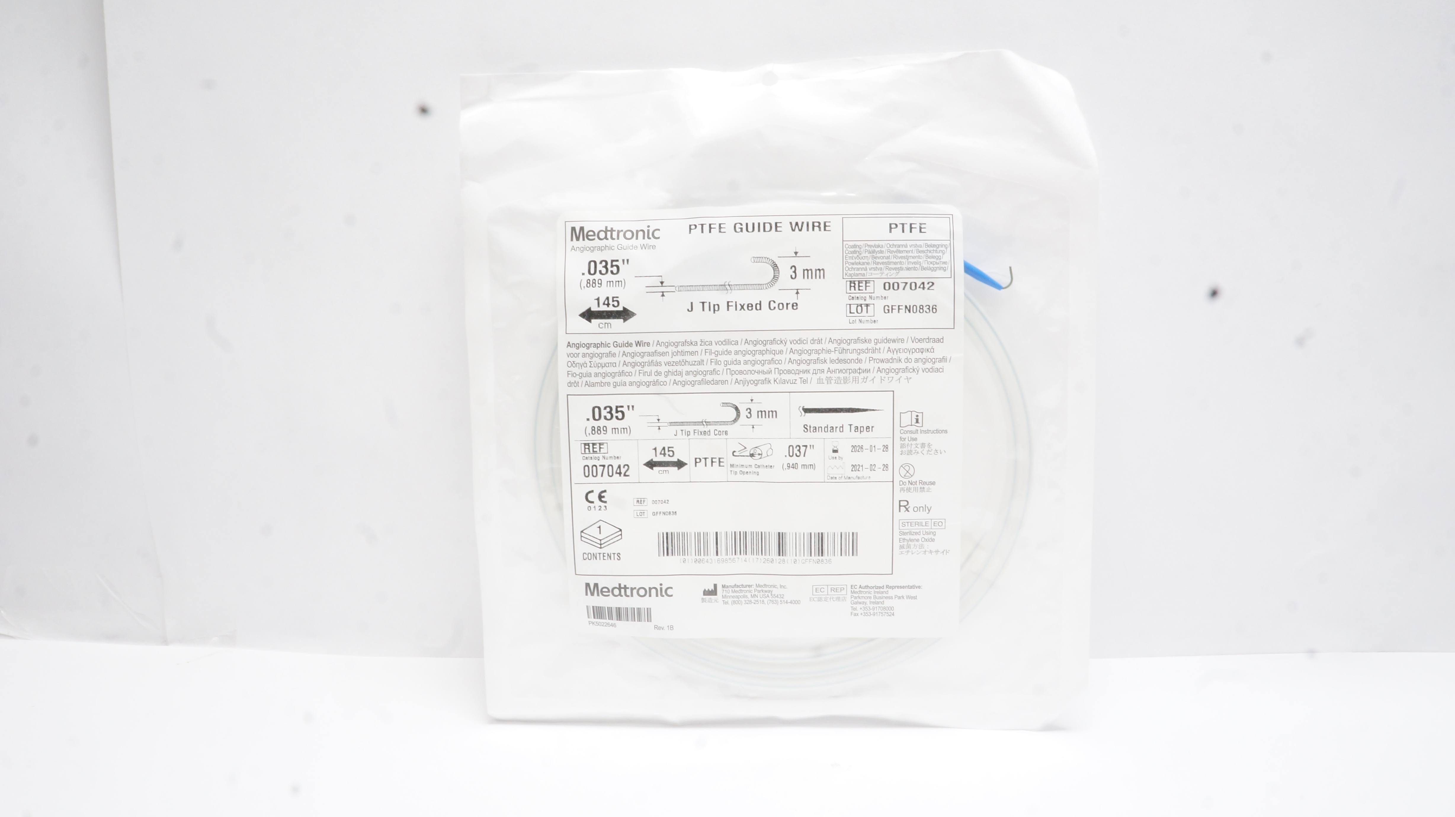 Medtronic 007042 PTFE Guide Wire J Tip Fixed Core .035inch x 145cm x 3m