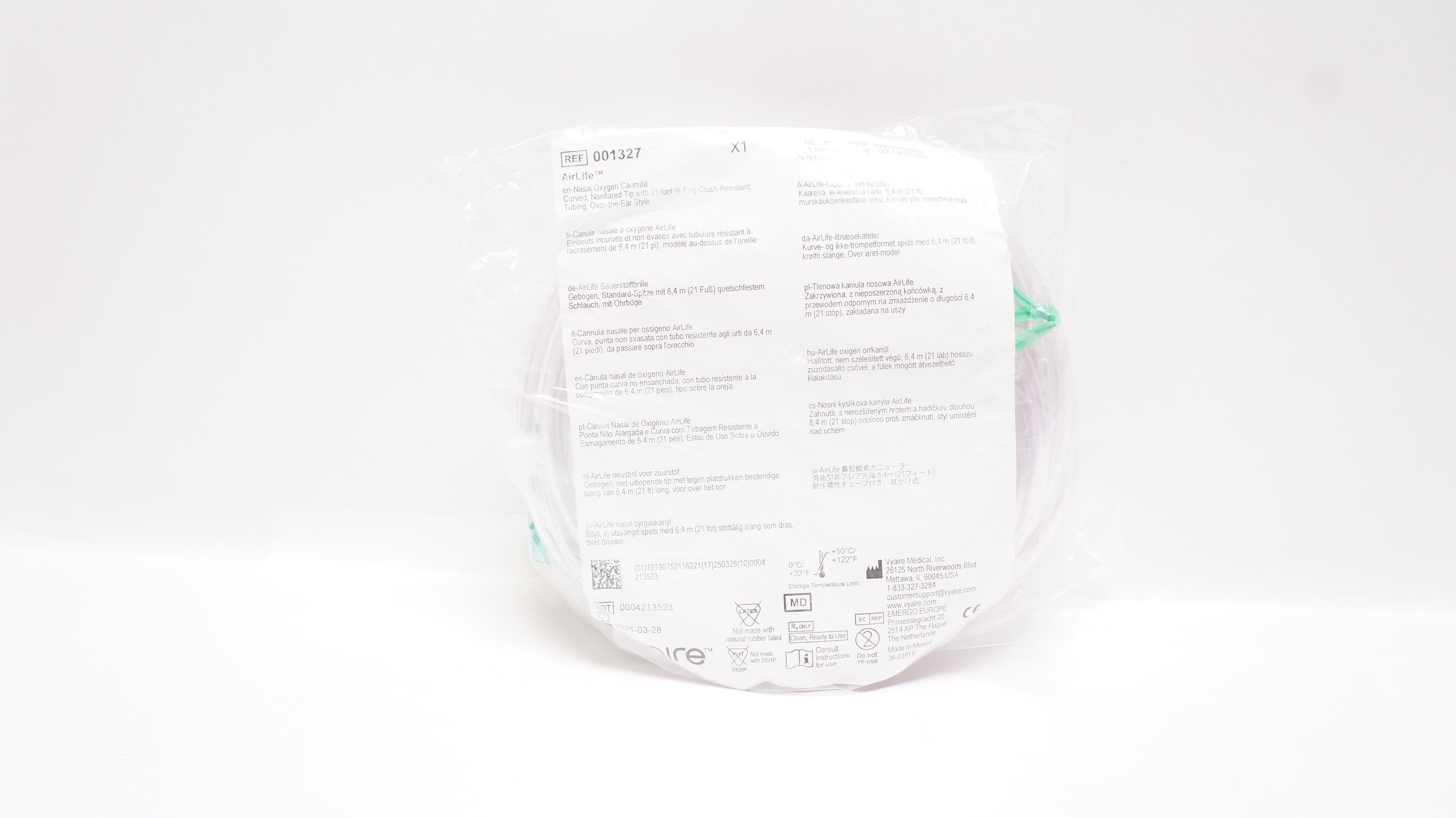 Vyaire 001327 AirLife en-Nasal Oxygen Cannula w/21ft. Crush-Resistant Tubing