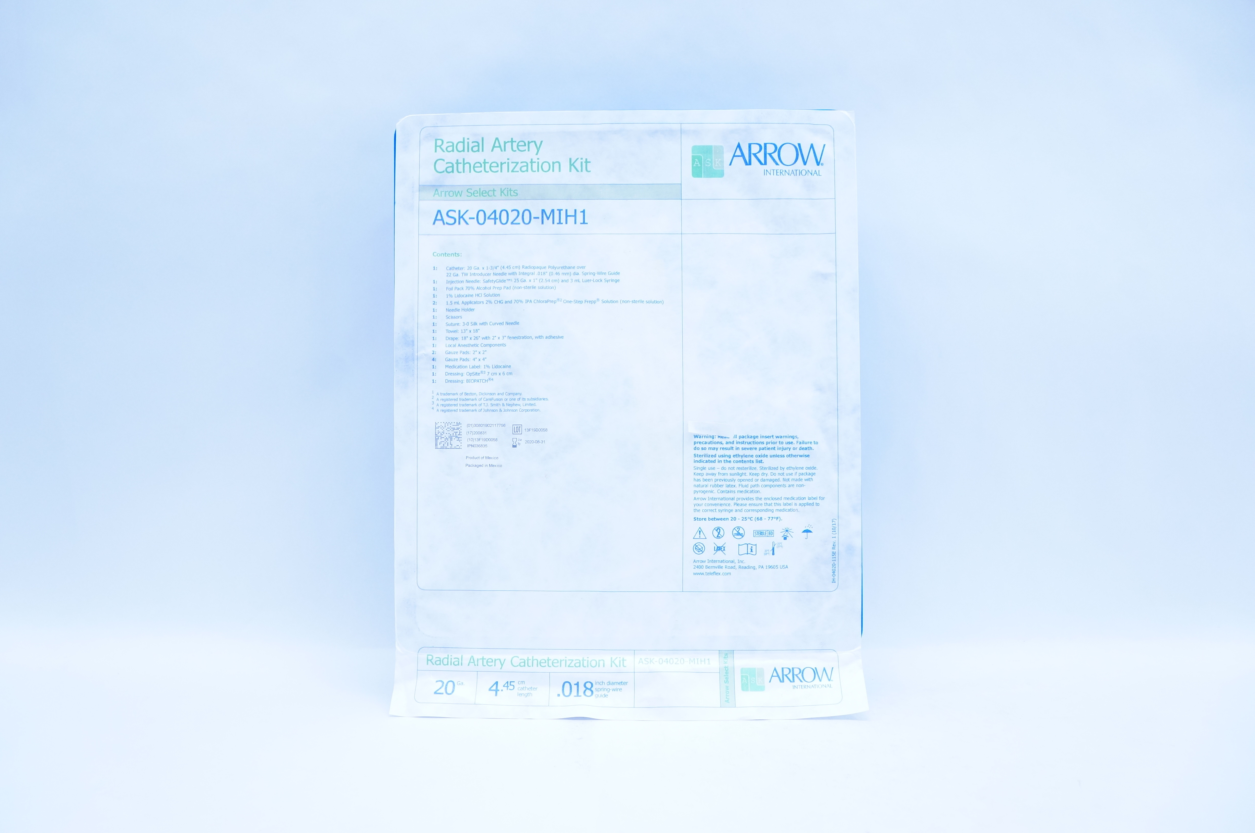 Arrow ASK-04020-MIH1 Radial Artery Cath. Kit 20 Ga x 4.45 cm x .018 inch (x)