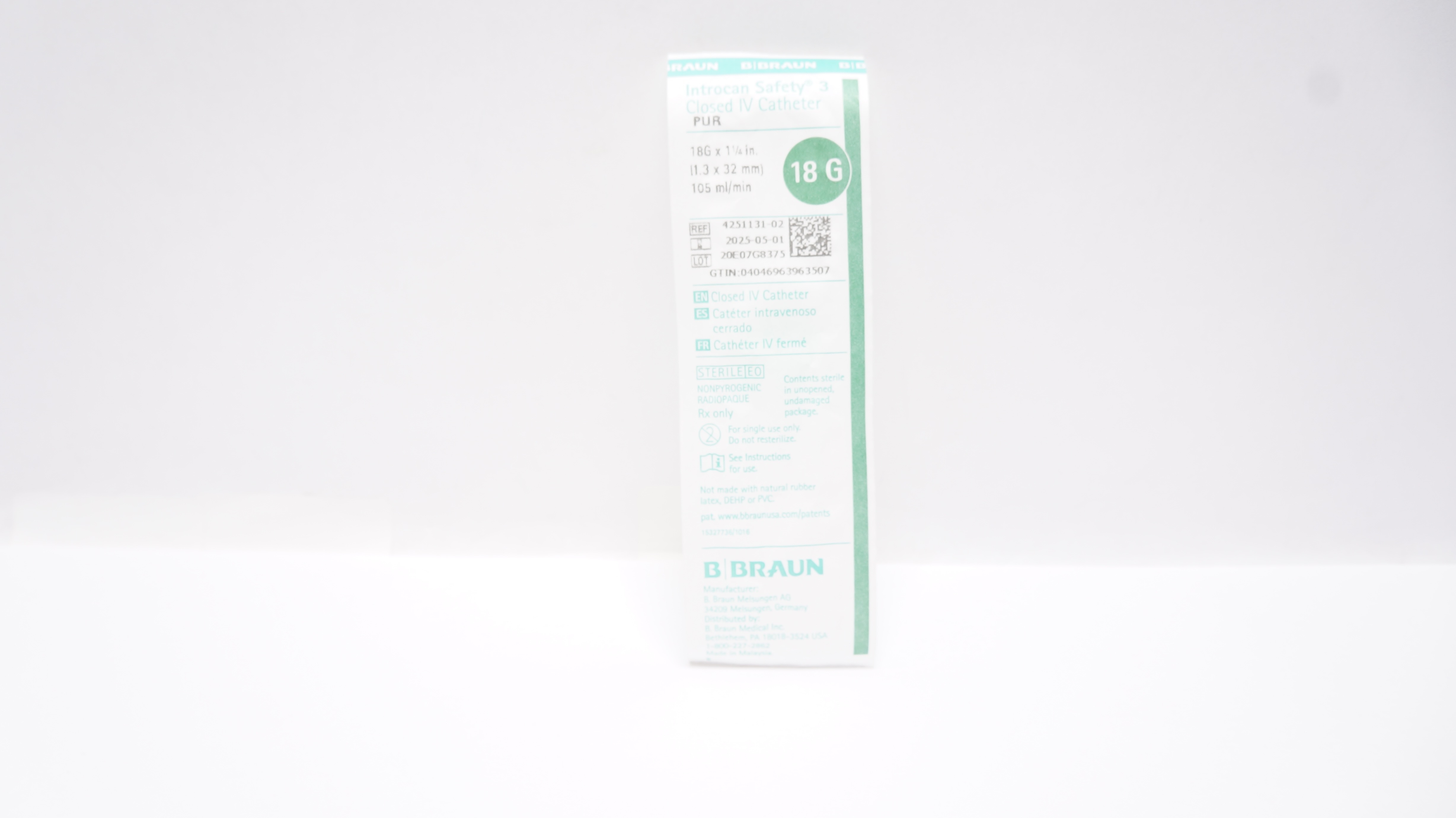 B.Braun 4251131-02 Introcan Safety 3 Closed IV Cath. 18G x 1-1/4inch 105ml/min