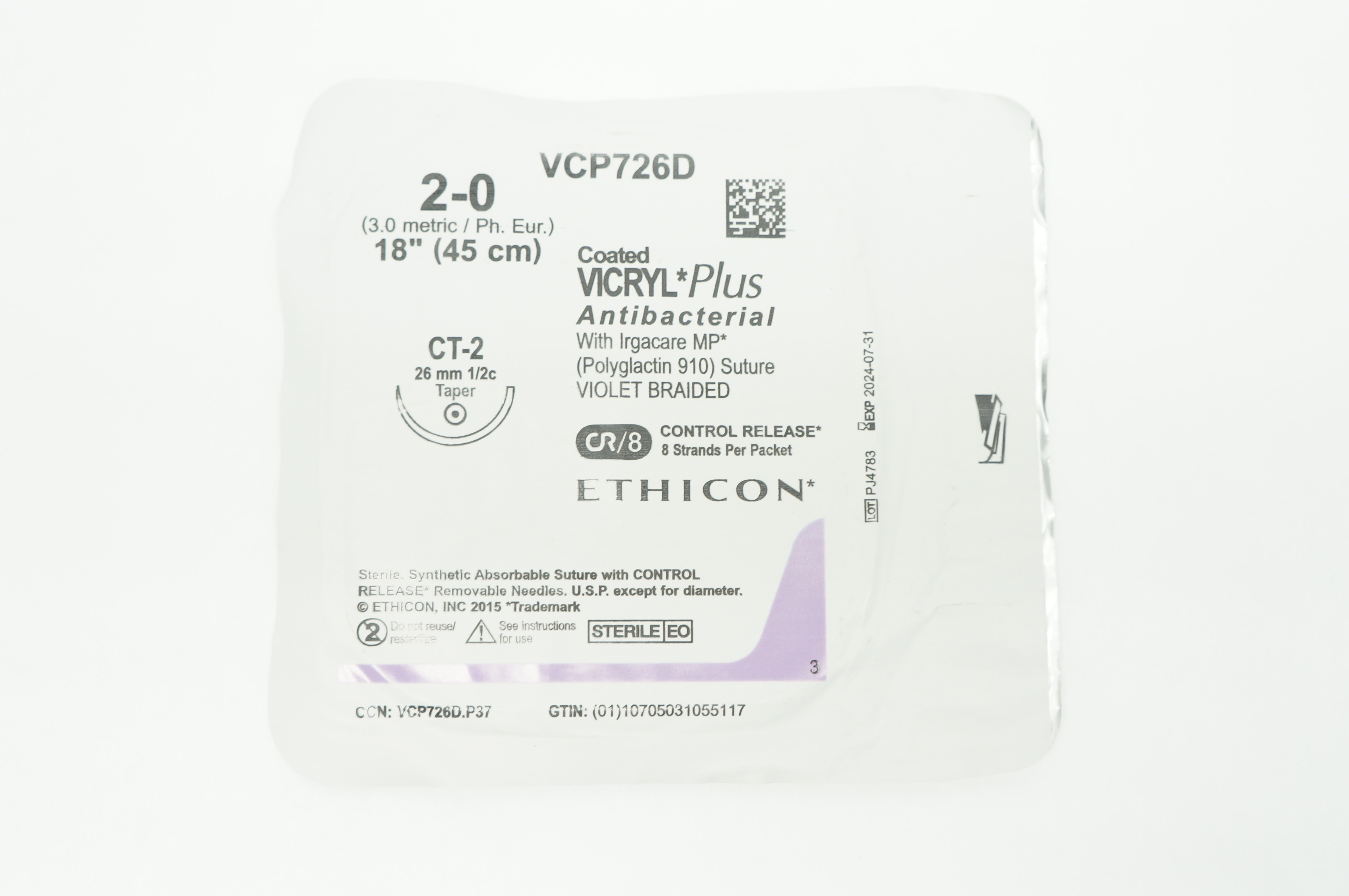 Ethicon VCP726D 2-0 VICRYL Plus CT-2 26mm 1/2c Taper 18inch