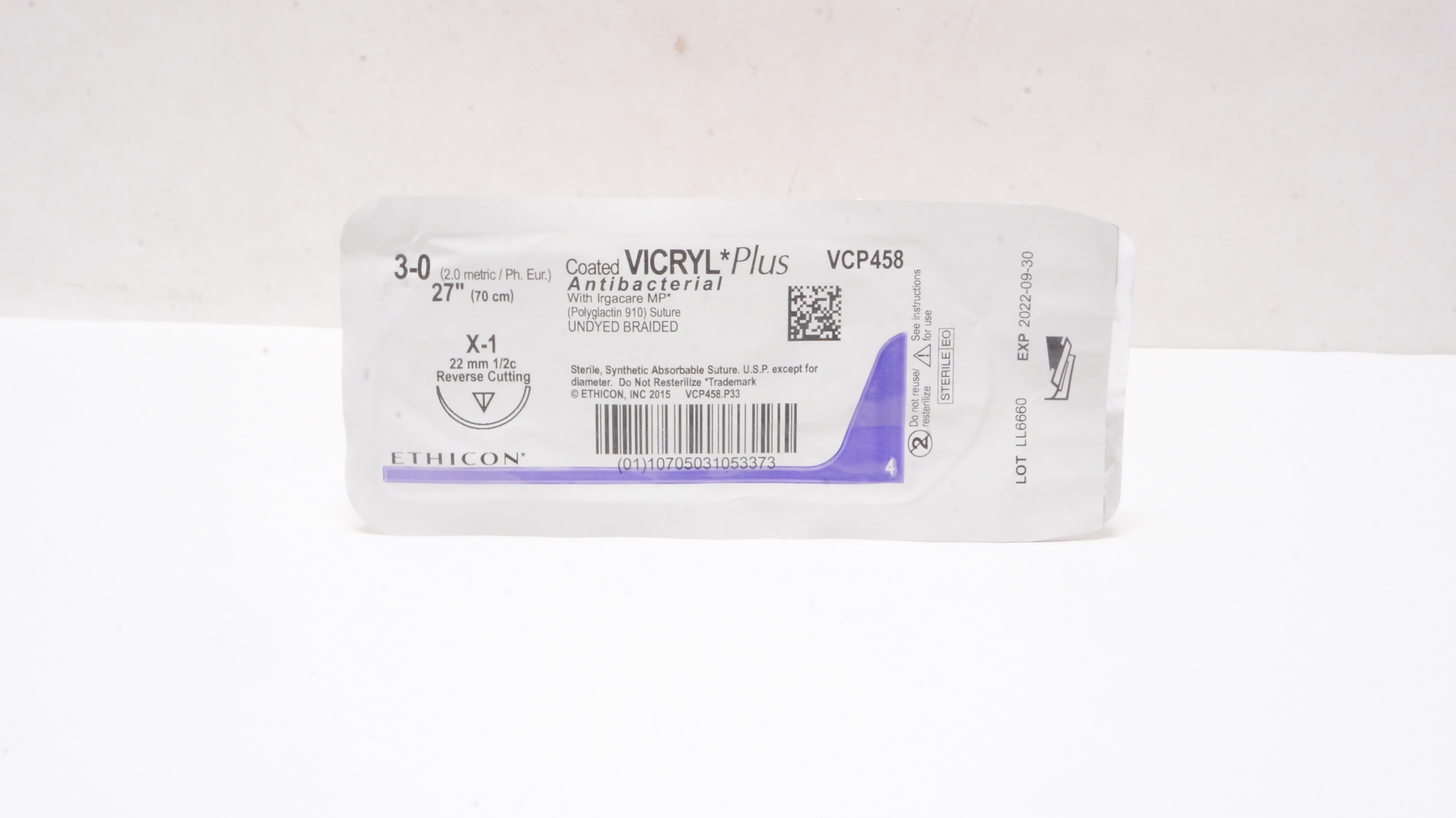 Ethicon VCP458 3-0 Coated Vicryl Stre X-1 22mm 1/2c Reverse Cutting 27inch (x)