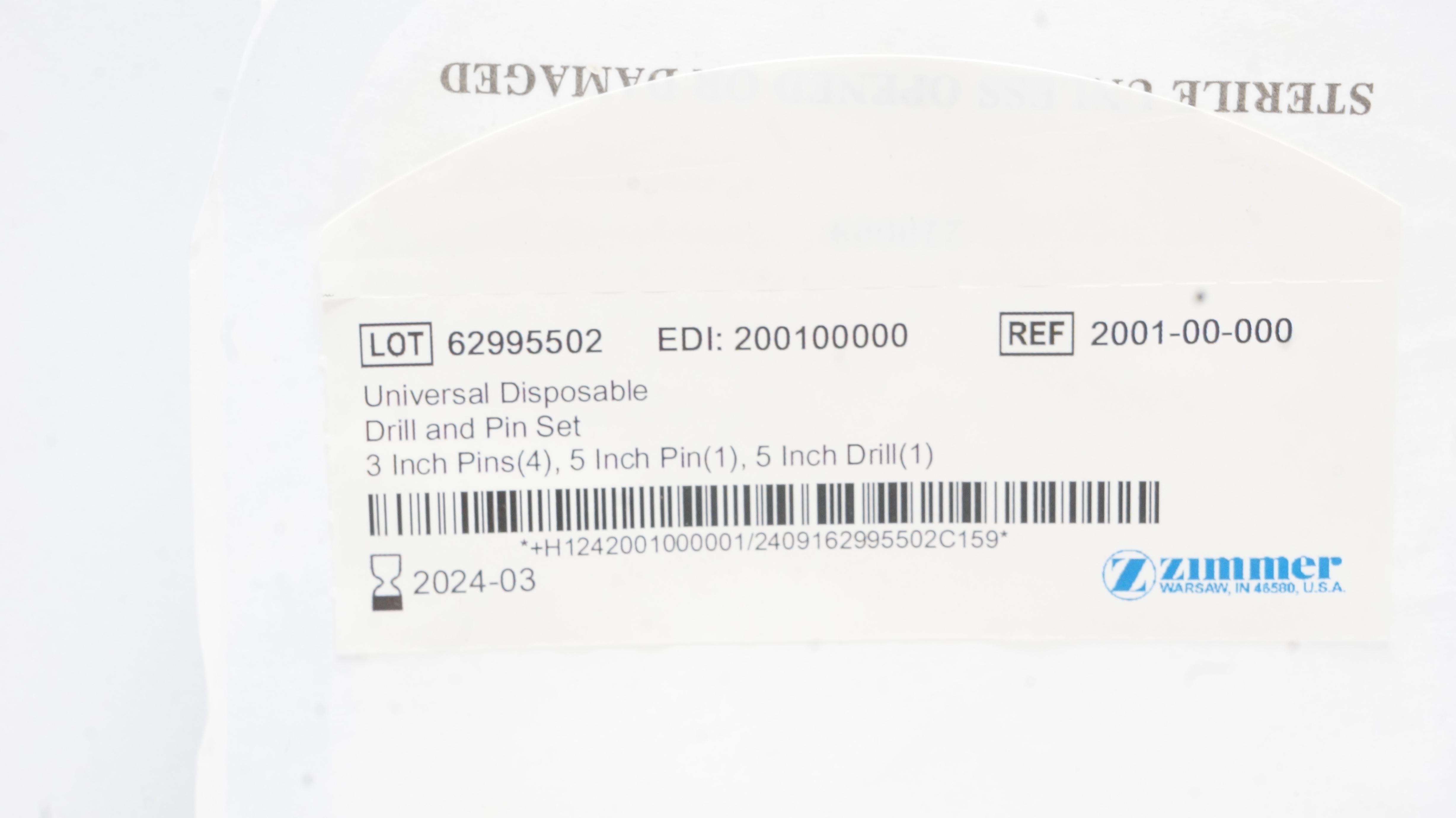 Zimmer 2001-00-000 Universal Disposable 5inhc Drill and Pin Set 3inch, 5inch (x)