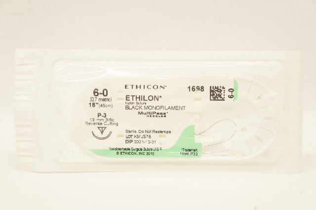 Ethicon 1698 6-0 Ethilon Nylon Stre P-3 13mm 3/8c Reverse Cutting, 18inch (x)