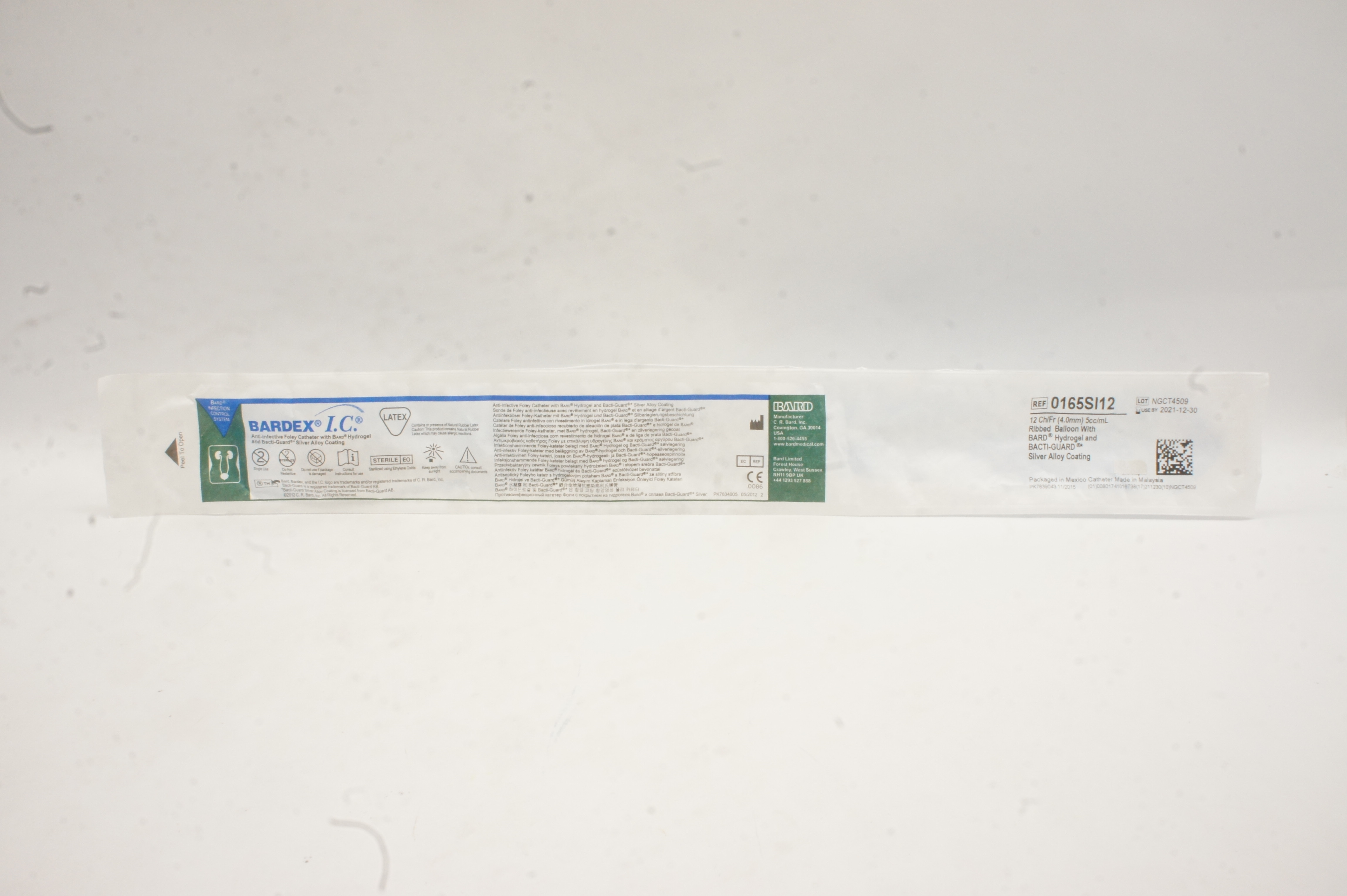 Bard 0165SI12 Bardex IC Anti-Infective Foley Cath. 12Fr 5cc/mL Ribbed Balloon(x)