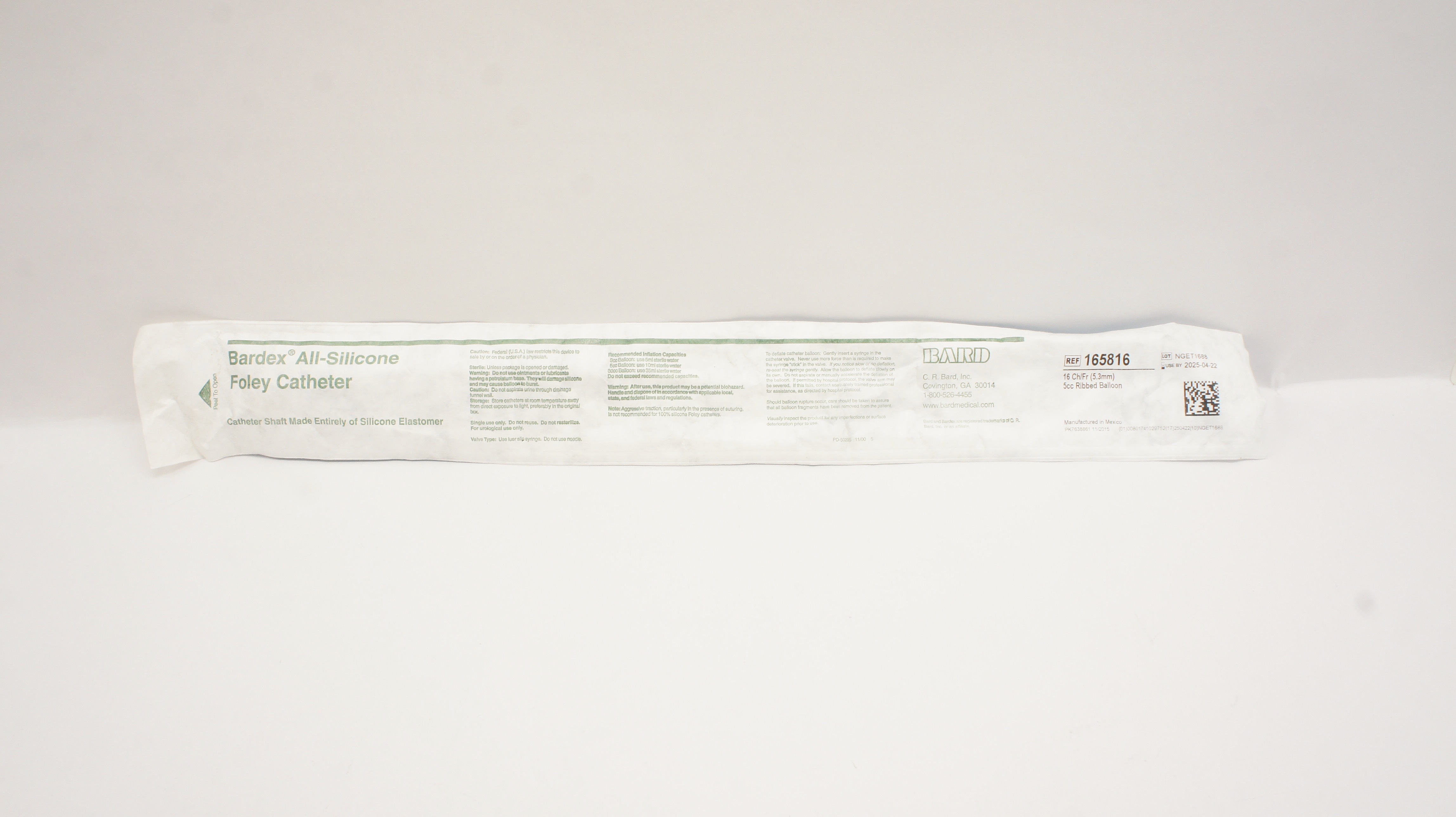 Bard 165816 Bardex All-Silicone Foley Cath. 16Fr. 5cc Ribbed Balloon