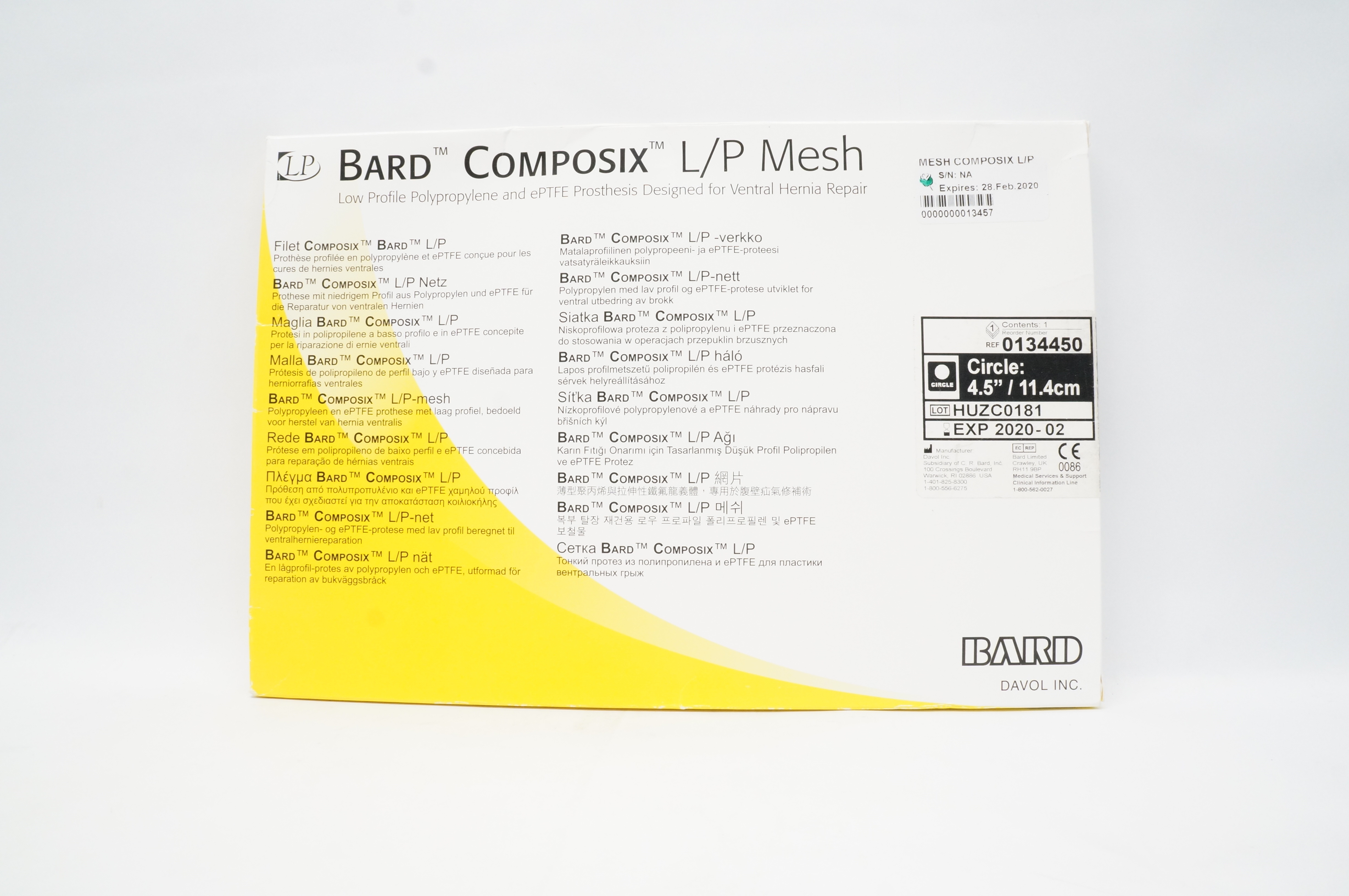 Bard 0134450 Composix L/P Mesh For Ventral Hernia Repair 4.5 inch x 11.4cm (x)