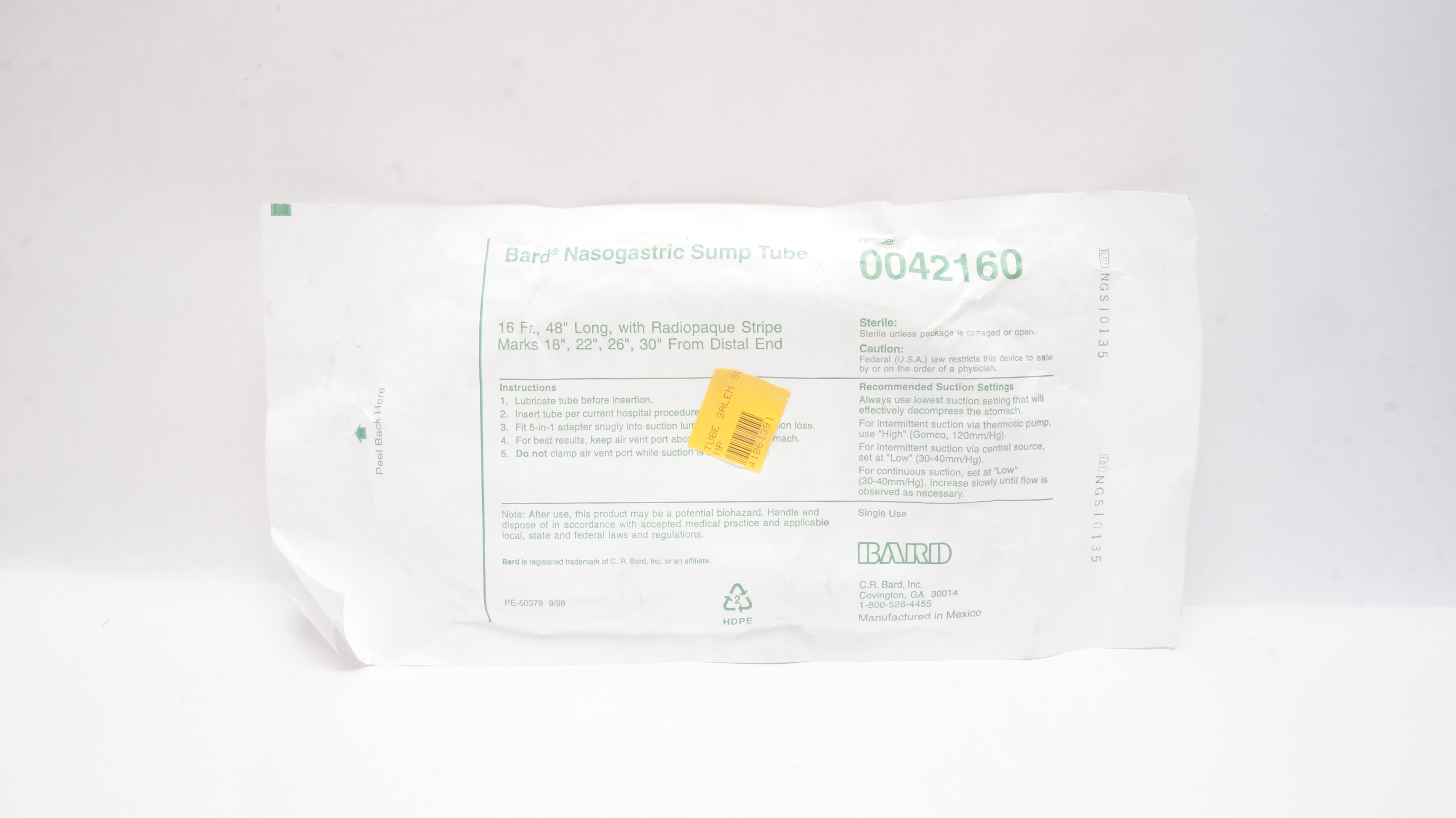 Bard 0042160 Nasogastric Sump Tube with Radiopaque Stripe Marks 16Fr x 48inch