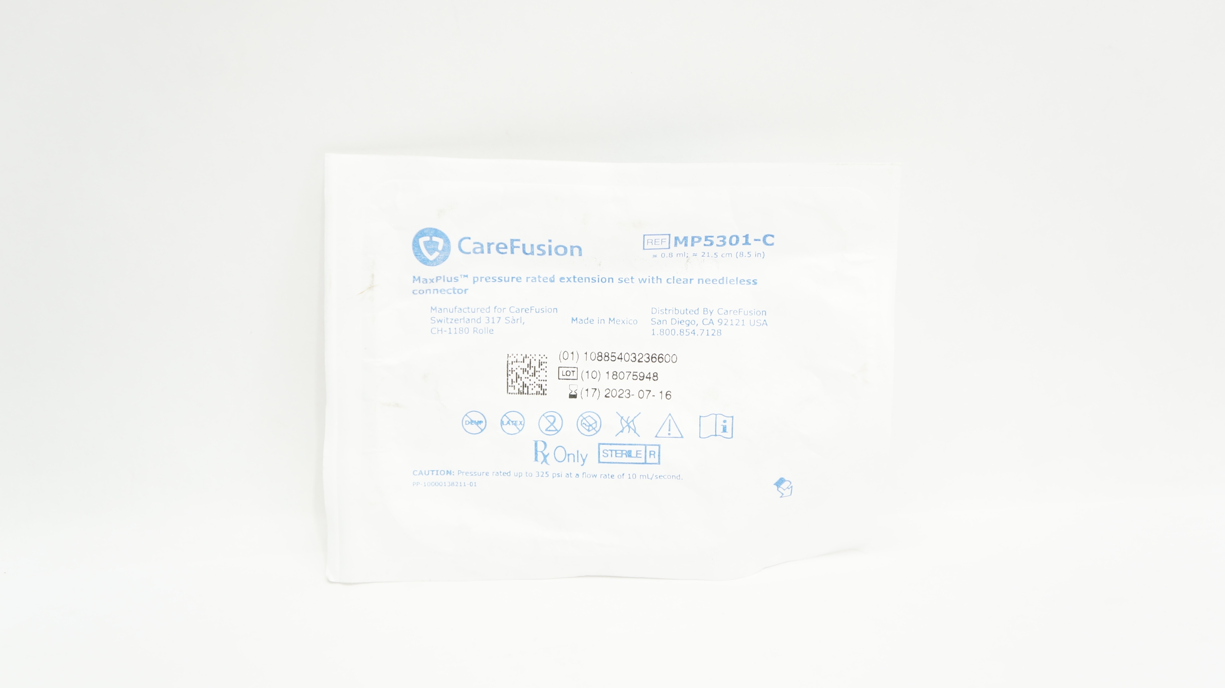 CareFusion MP5301-C MaxPlus Pressure Rated Extension Set 0.8ml x 8.5inch (x)