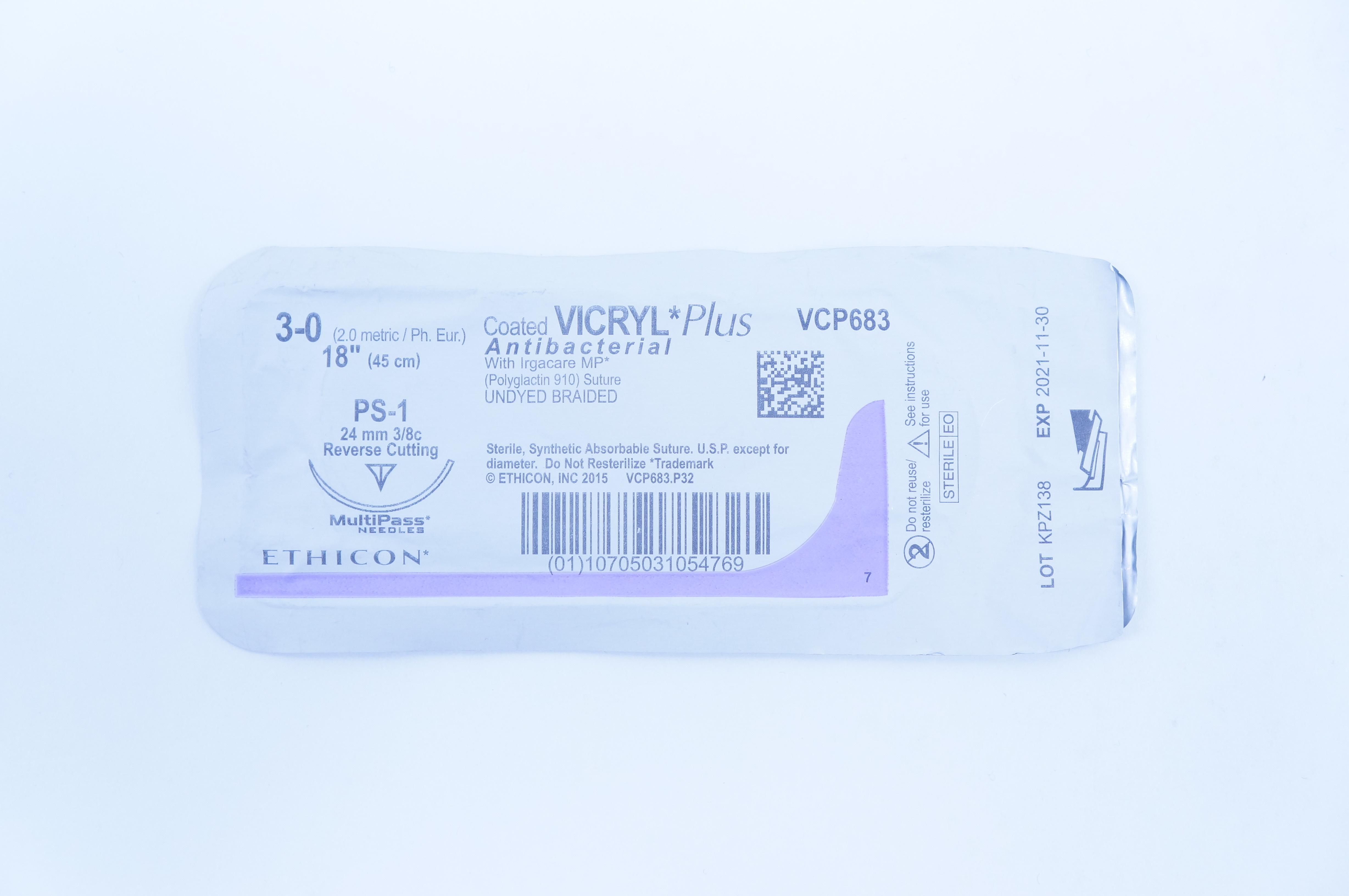 Ethicon VCP683 Vicryl Antibacterial Stre. Undyed Braided PS-1 18inch