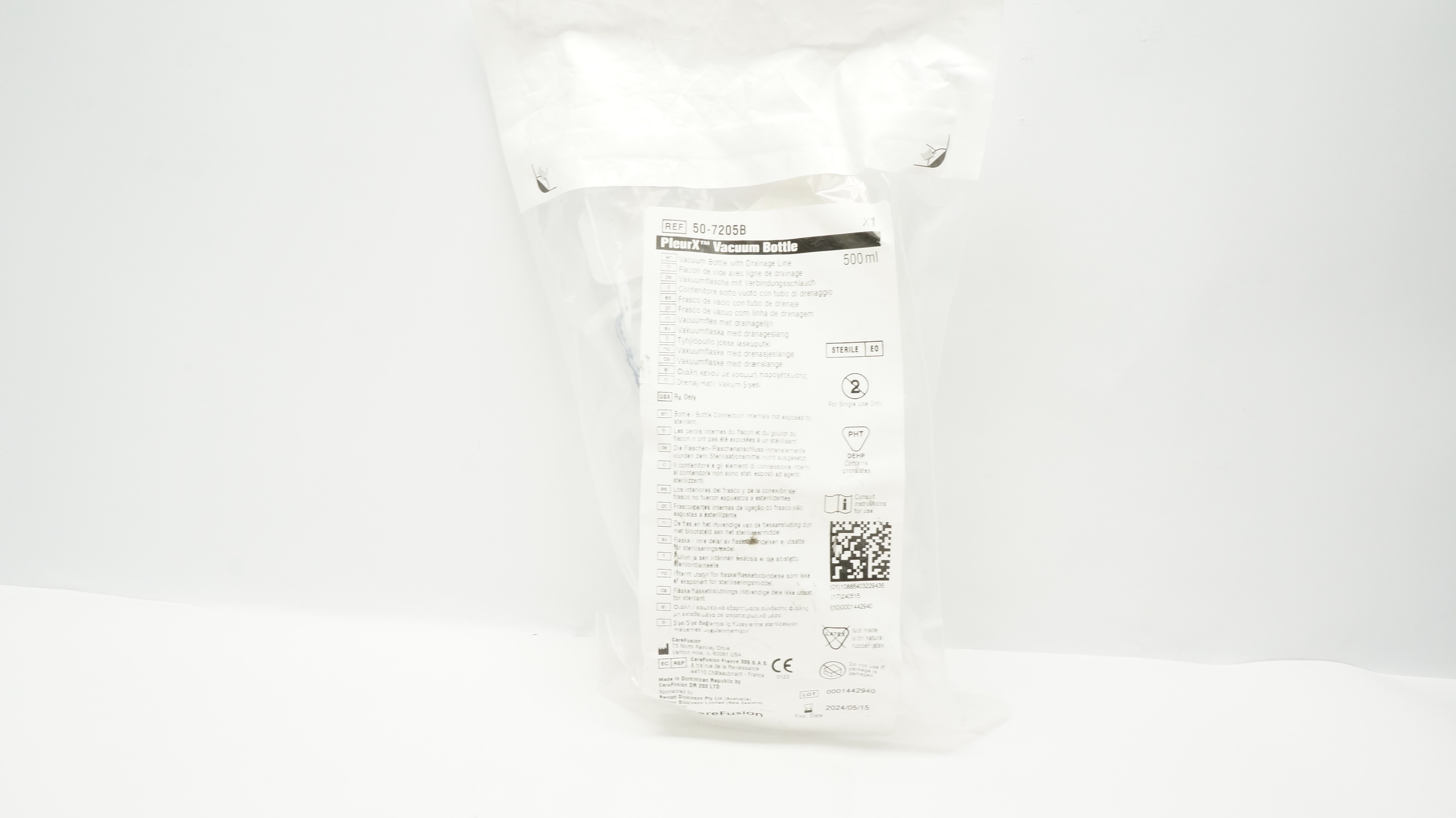CareFusion 50-7205B PleurX Vacuum Bottle 500ml With Drainage Line (x)