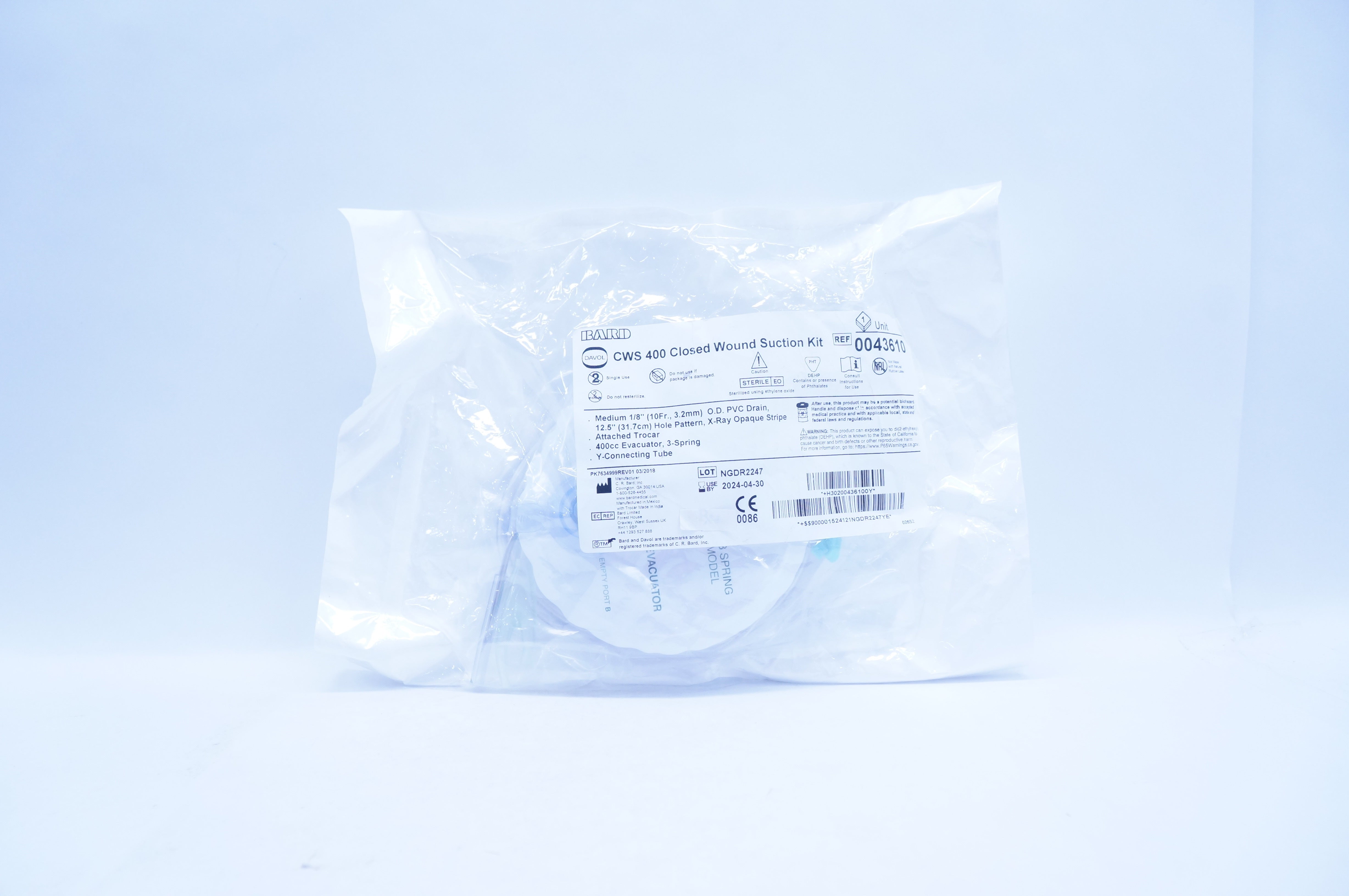 Bard 0043610 CWS 400 Closed Wound Suction Kit 1/8in. Drain, 12.5in. Hole Pattern