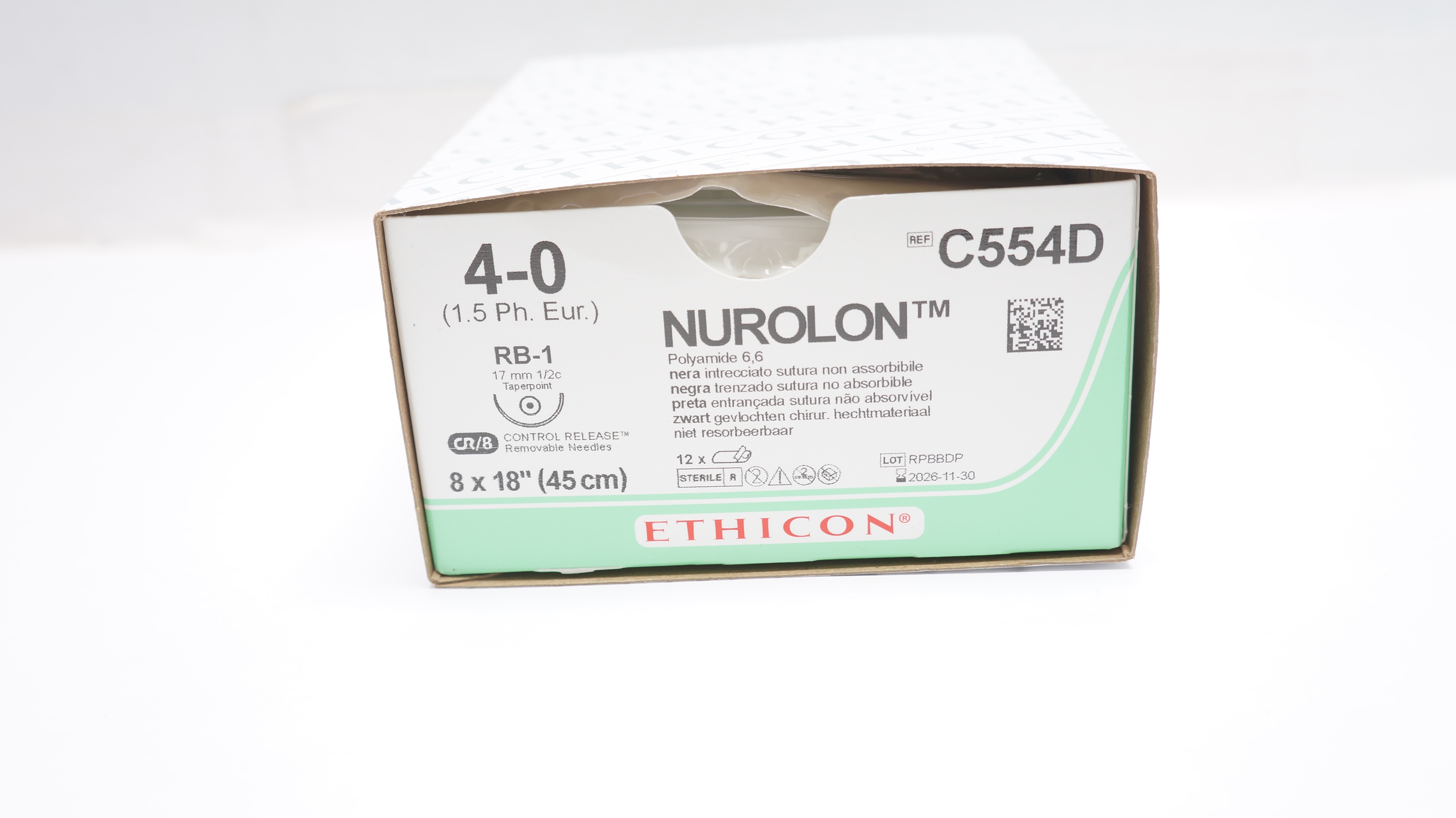 Ethicon C554D 4-0 Nurolon Nylon, RB-1, 17mm 1/2c Taper, 18inch (x) -Box of 9