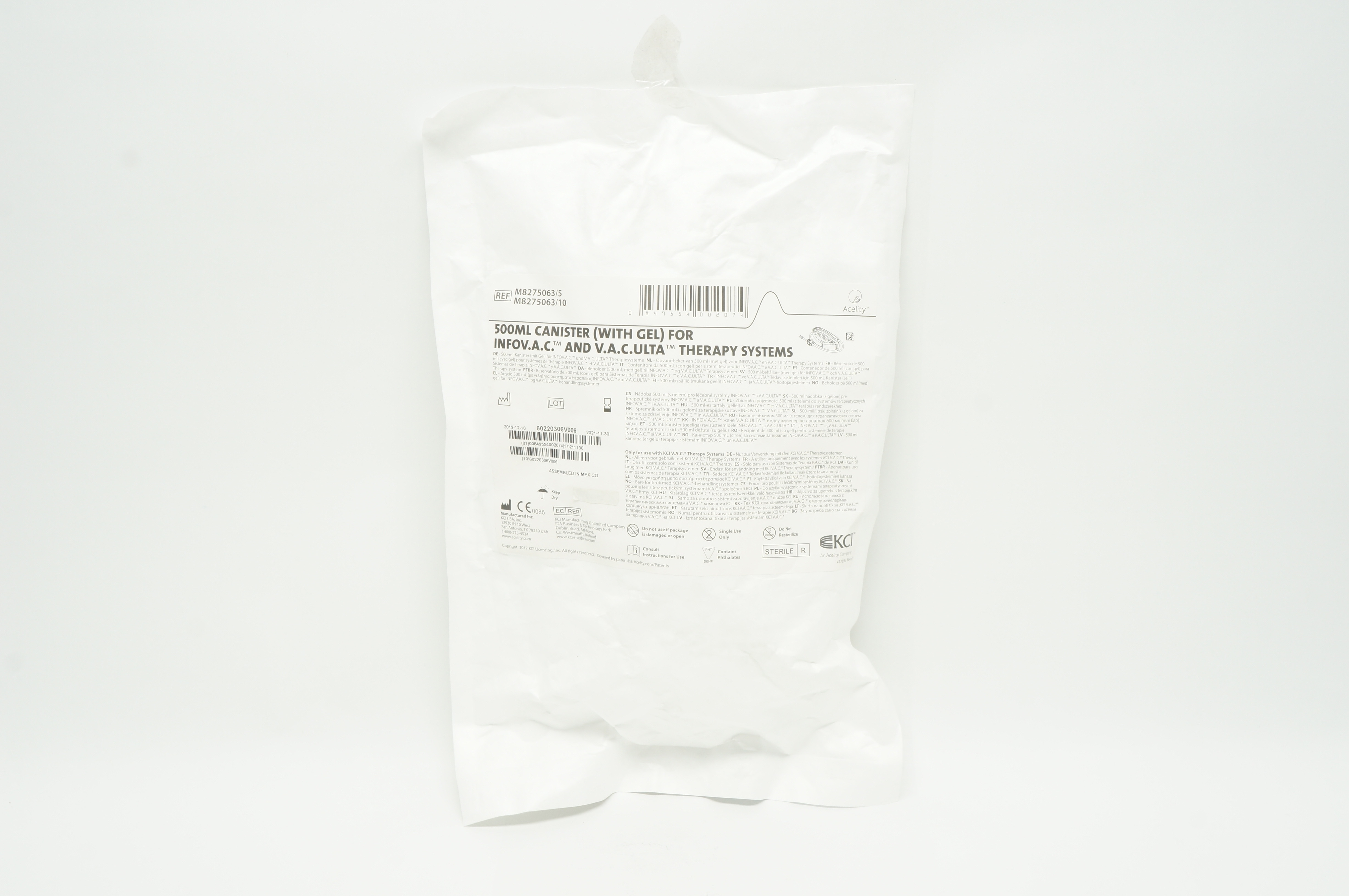 KCI M8275063/5 500ml Canister with Gel for INFOVAC & V.A.C. Ulta Therapy Systems