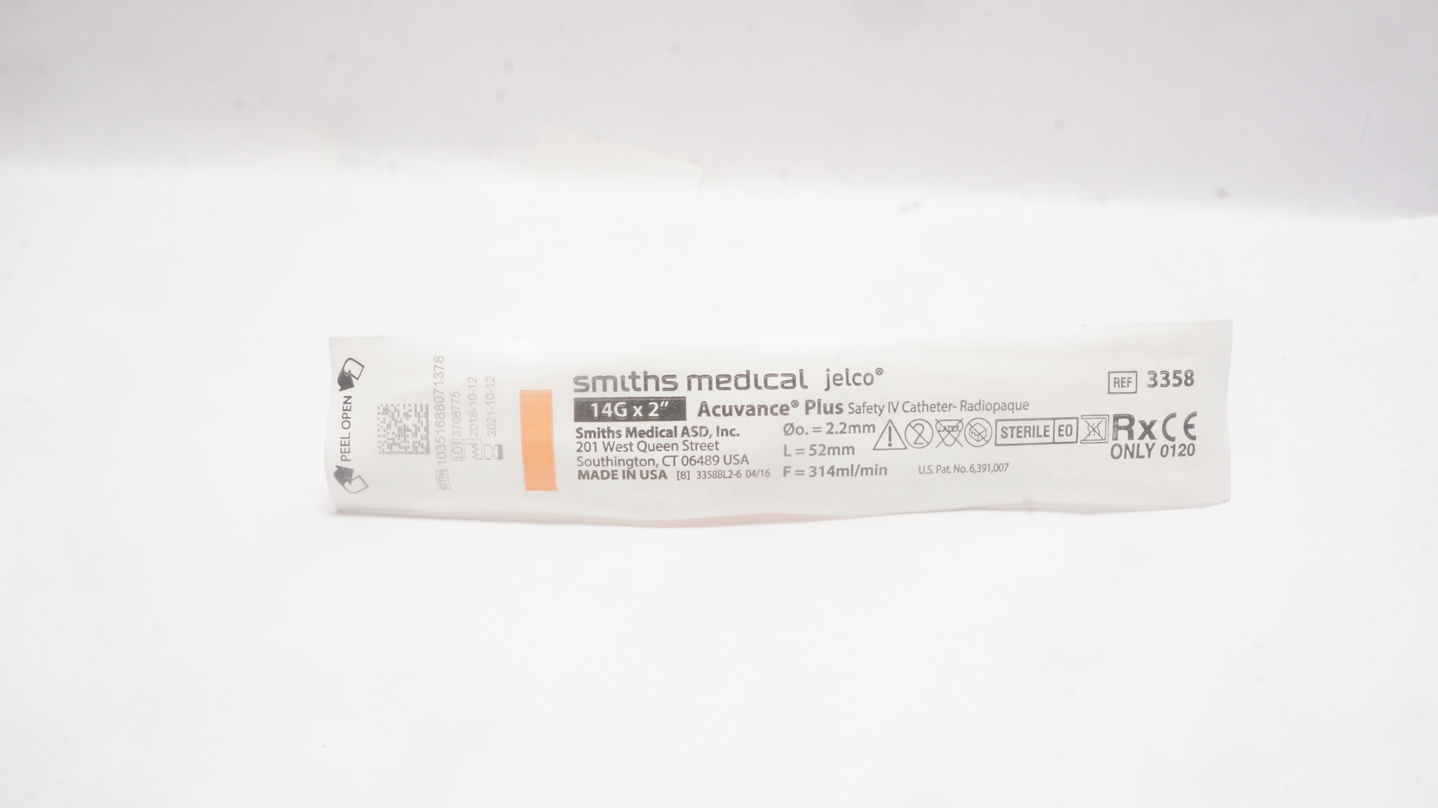 Smiths Medical 3358 Jelco Acuvance Plus Safety IV Cath-Radiopaque 14G x 2inch (x)