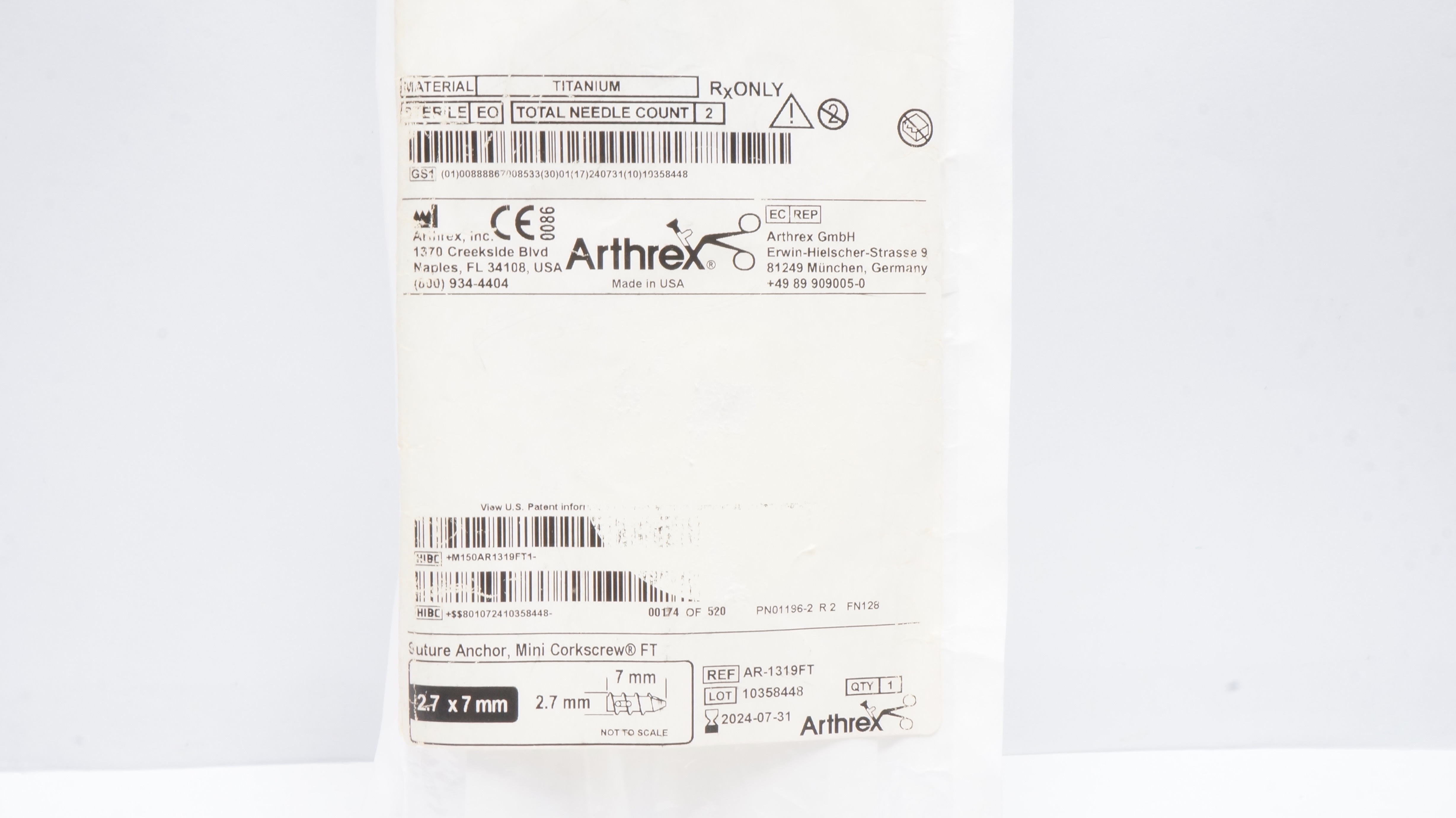 Arthrex AR-1319FT Stre Anchor Micro Corkscrew FT 7mm x 2.7mm (x)