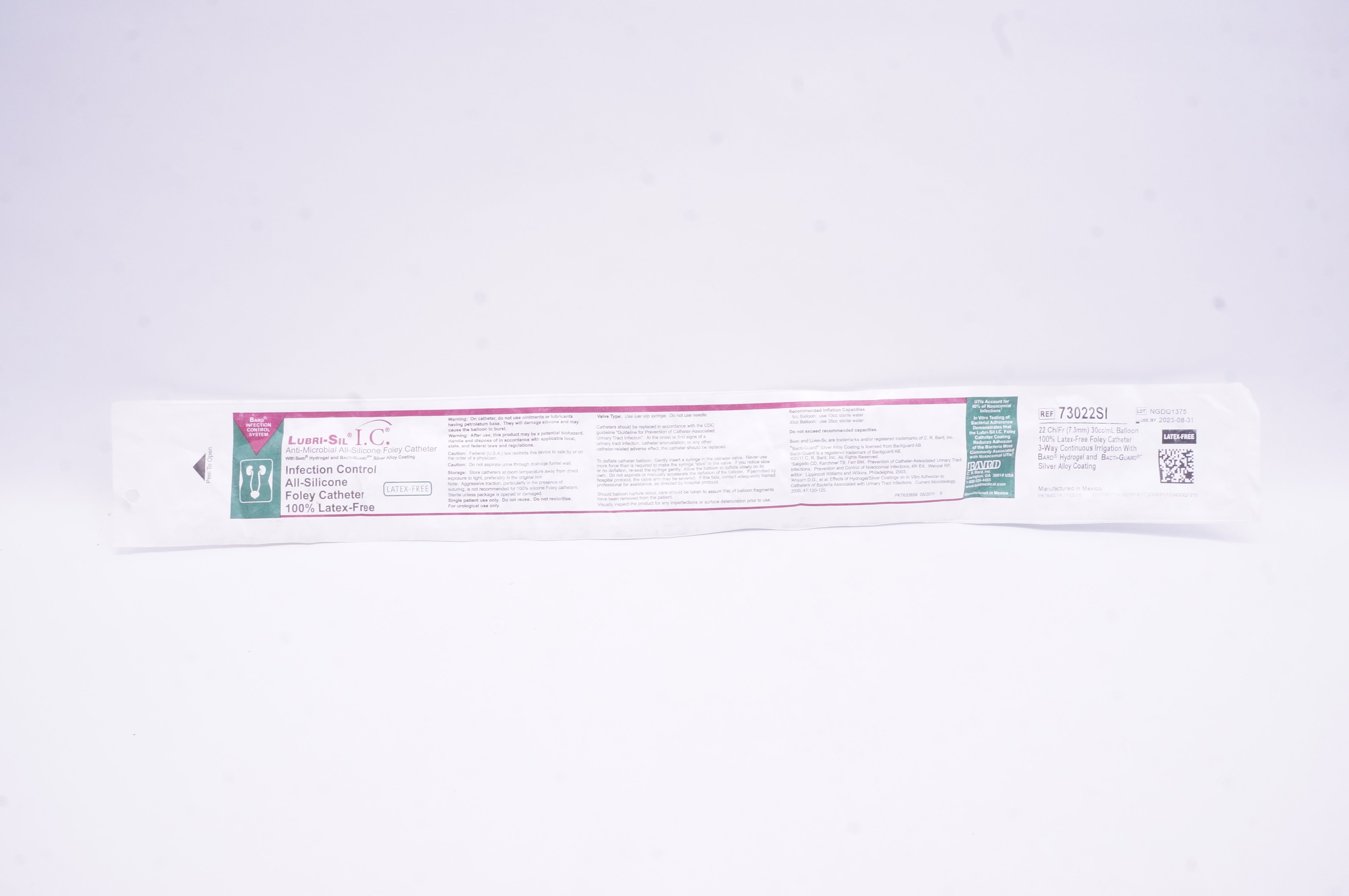 Bard 73022SI Lubri-Sil I.C. Anti-Microbial Foley Cath. 22Ch/Fr x 30cc/mL