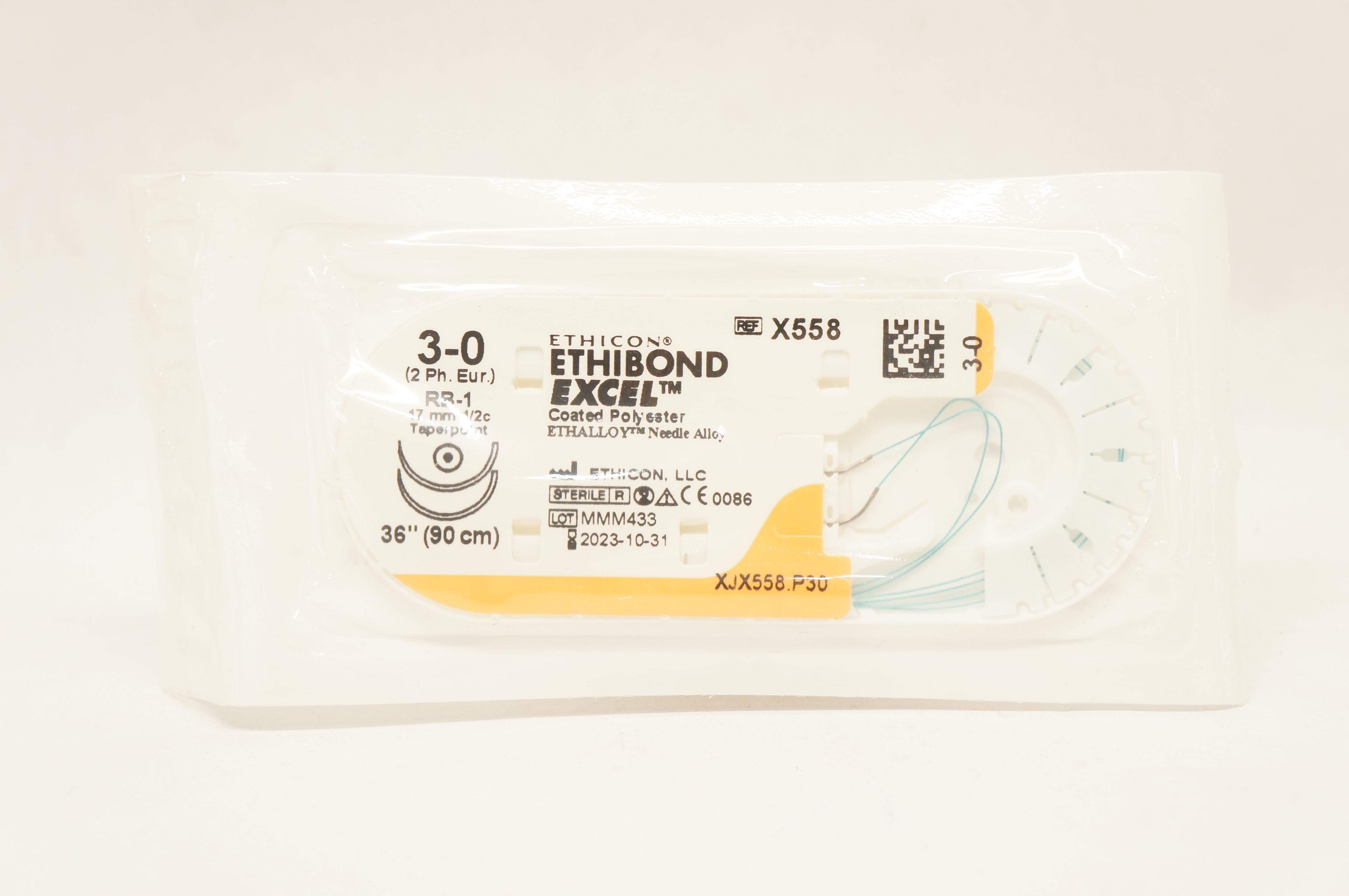 Ethicon X558 3-0 Ethibond Excel Polyester Stre RB-1 17mm 1/2c Taper, 36 inch