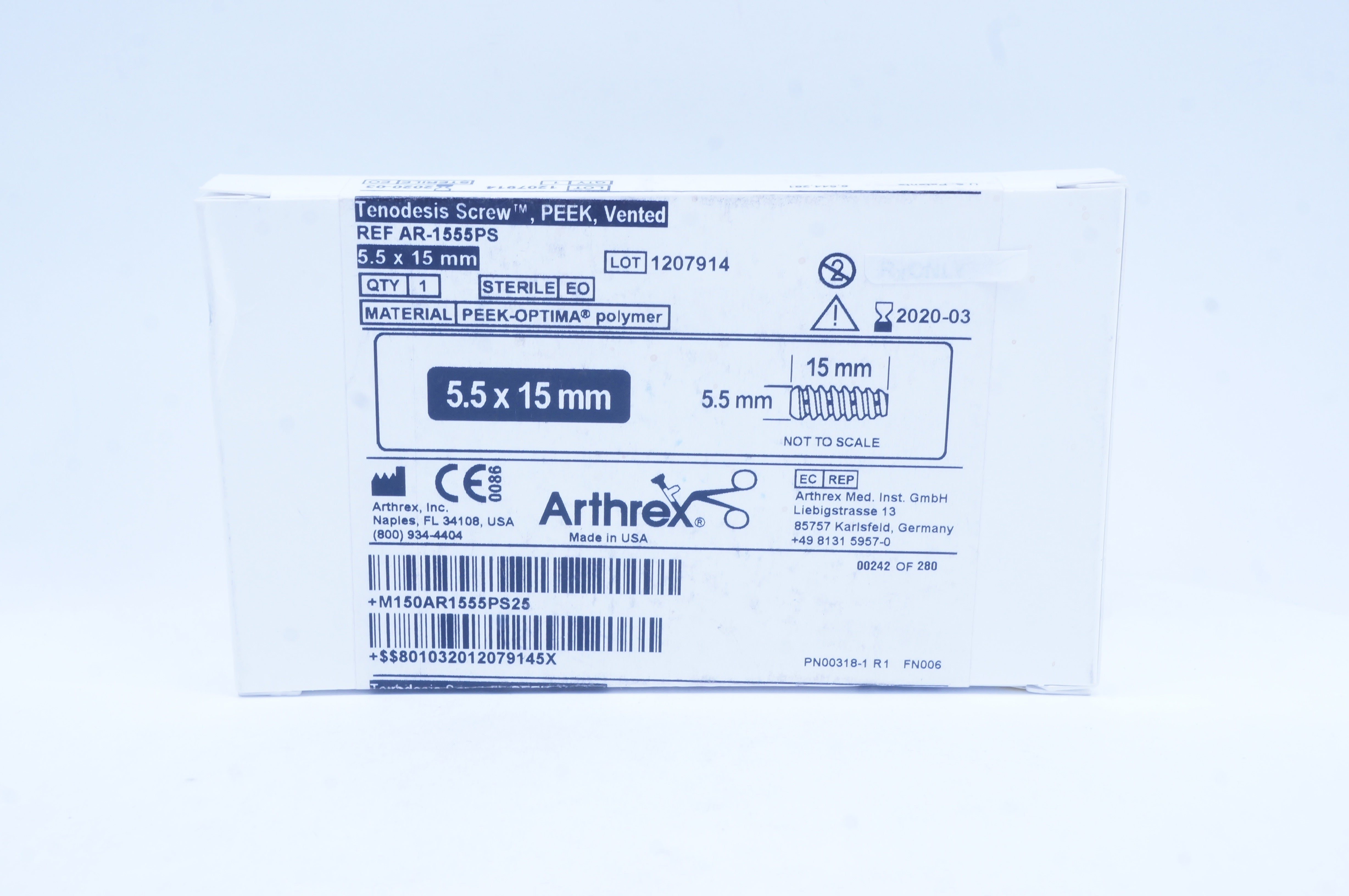 Arthrex AR-1555PS Peek-Optima Tenodesis Screw, Vented 5.5mm x 15mm (x)