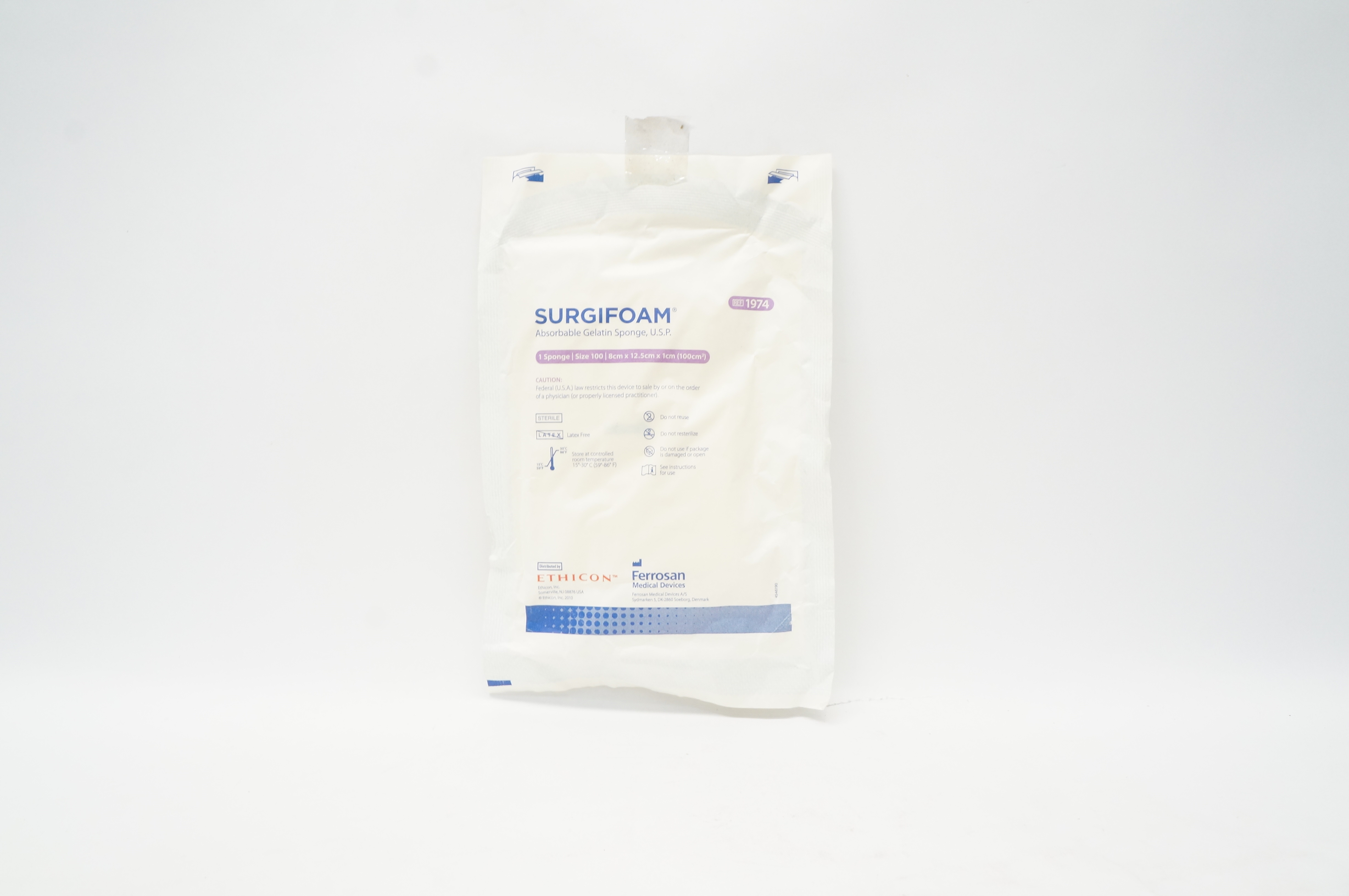 Ethicon 1974 SURGIFOAM Absorbable Gelatin Sponge Size 100 8cm x 12.5cm x 1cm