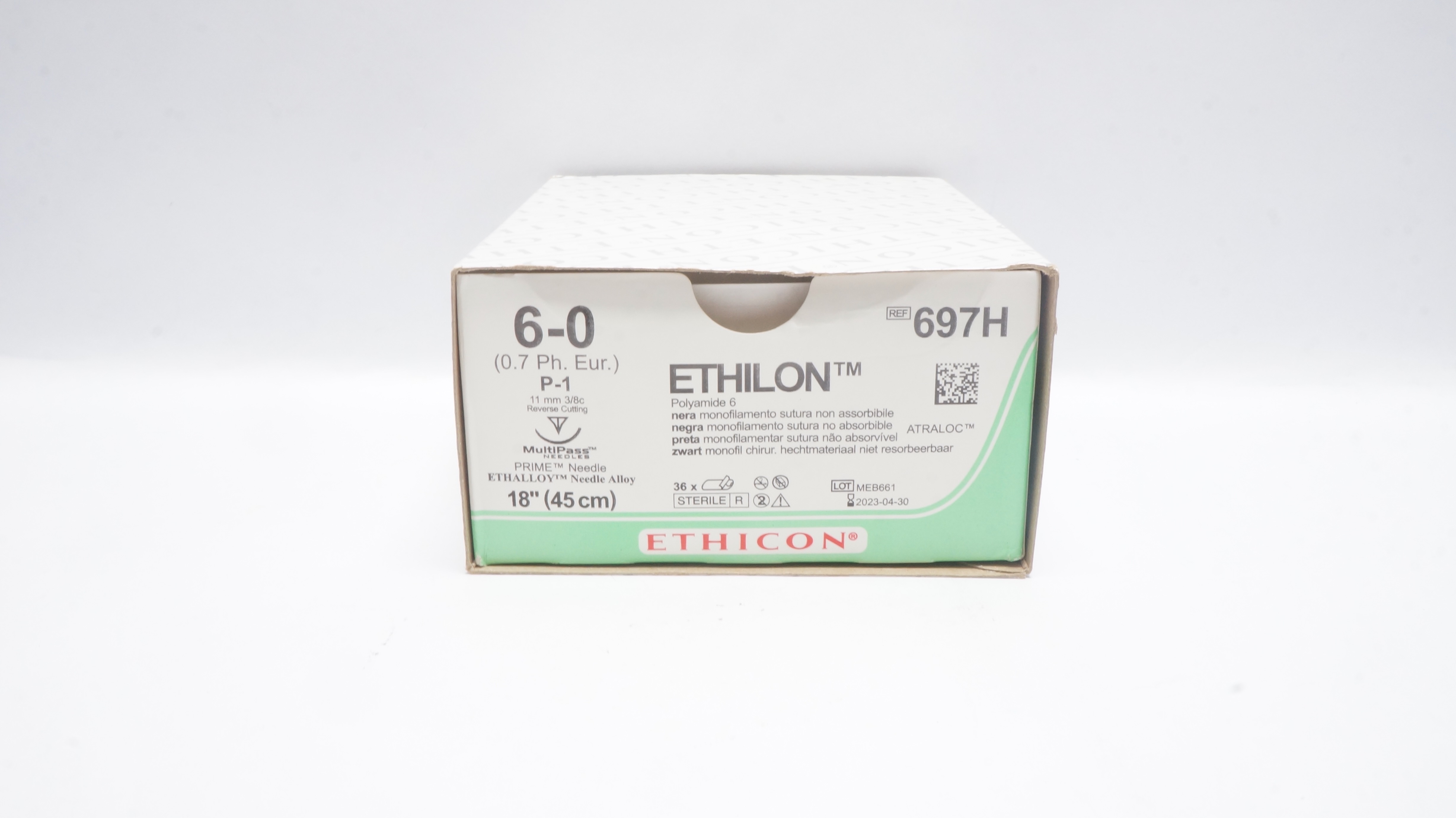 Ethicon 697H 6-0 Ethilon Stre P-1 11mm 3/8c ReverseCutting 18inch(x) - Box of 34