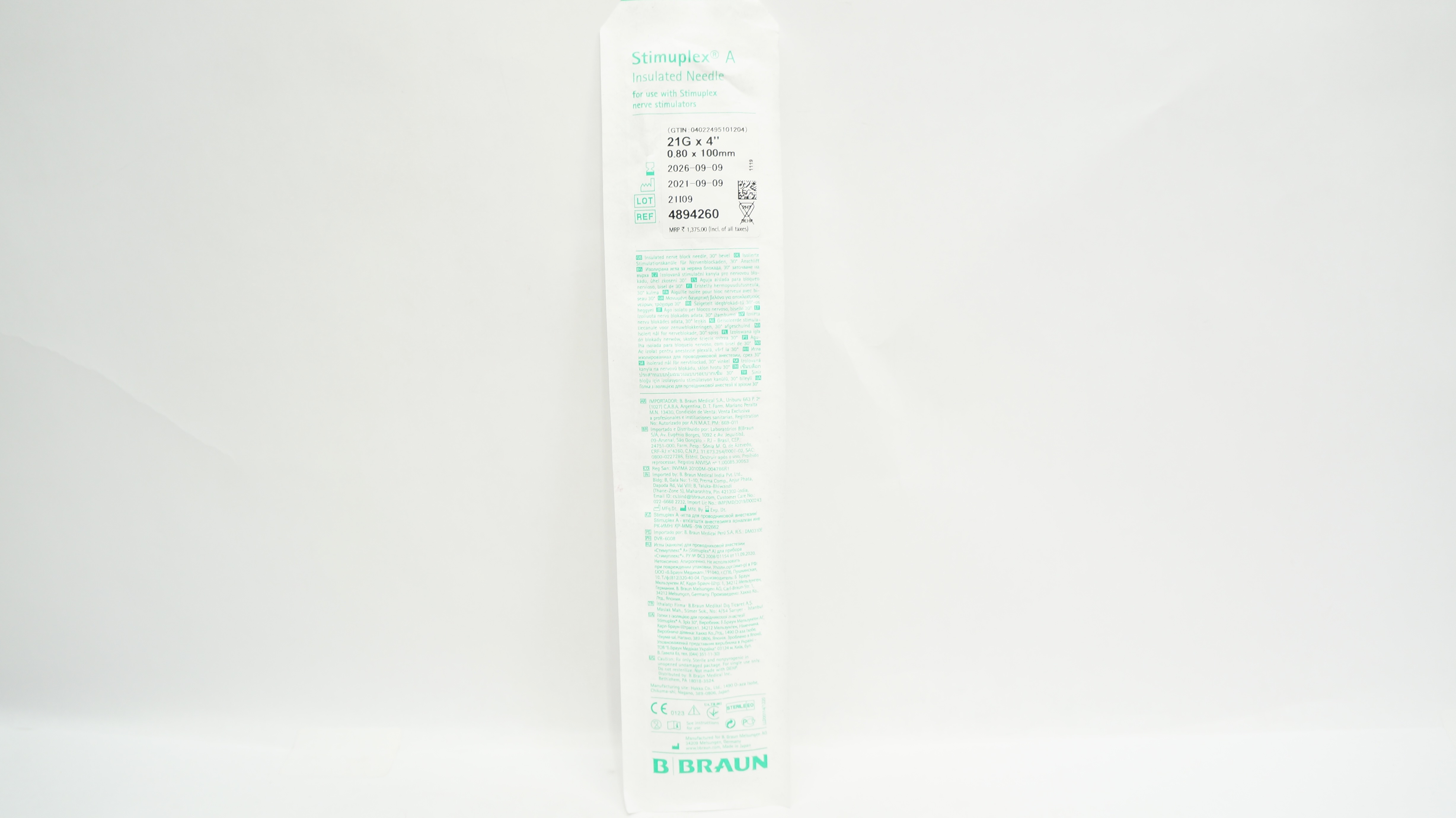 Braun 4894260 Stimuplex A Insulated Ndle 21G x 4 inch