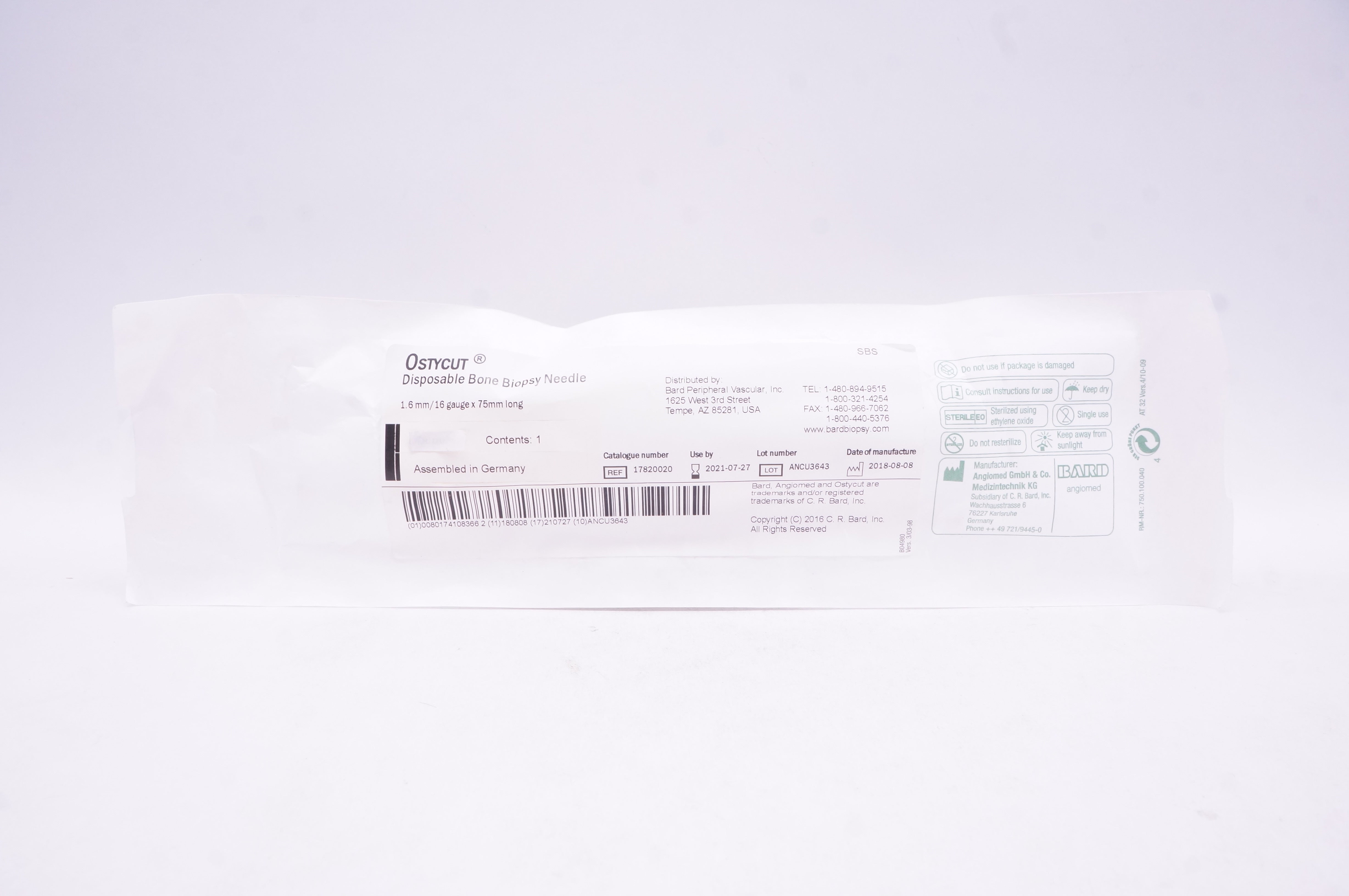 Bard 17820020 Ostycut Disposable Bone Biopsy Ndle. 1.6mm x 16ga x 75mm