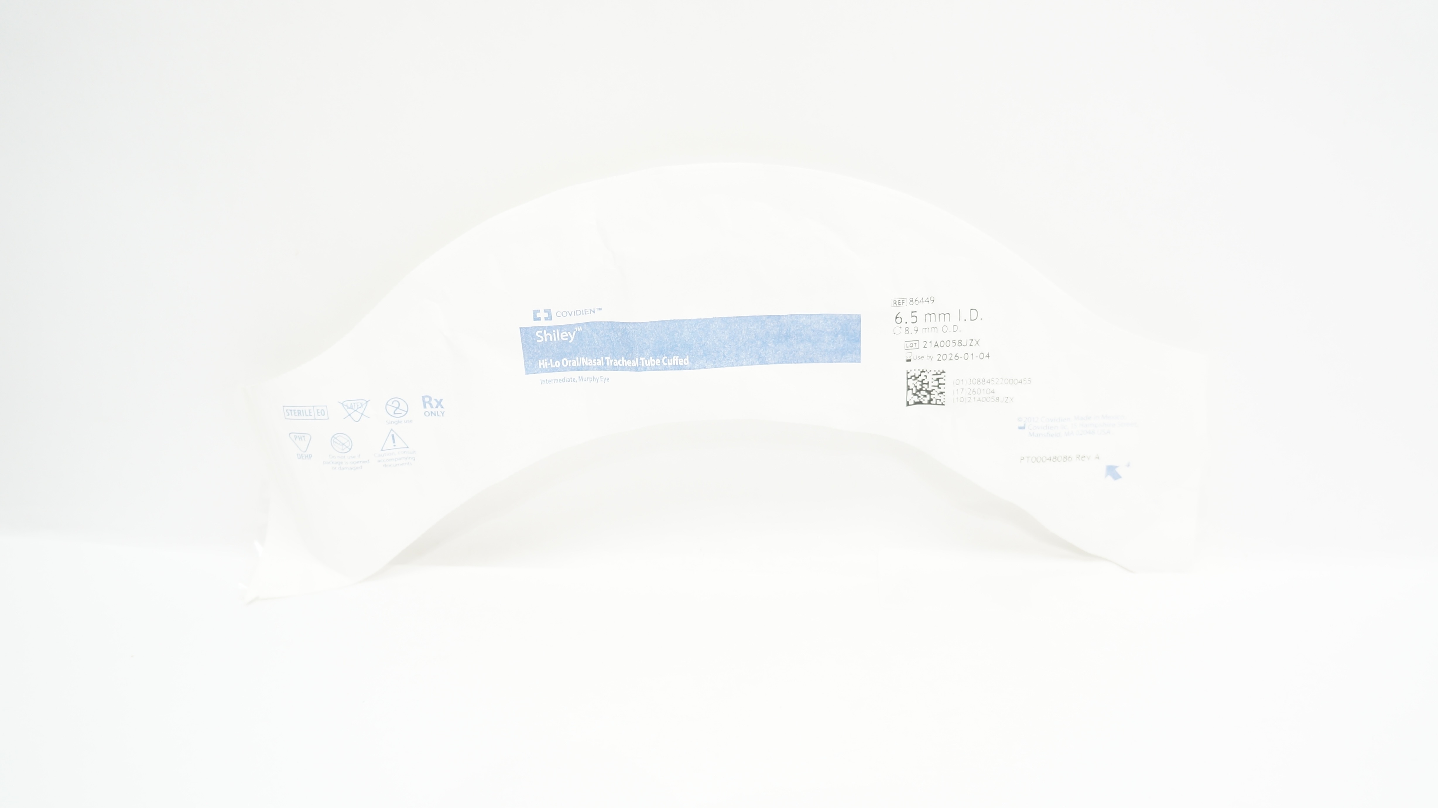 Covidien 86449 Shiley Hi-Lo Oral/Nasal Tracheal Tube Cuffed 6.5mm ID x 8.9mm OD