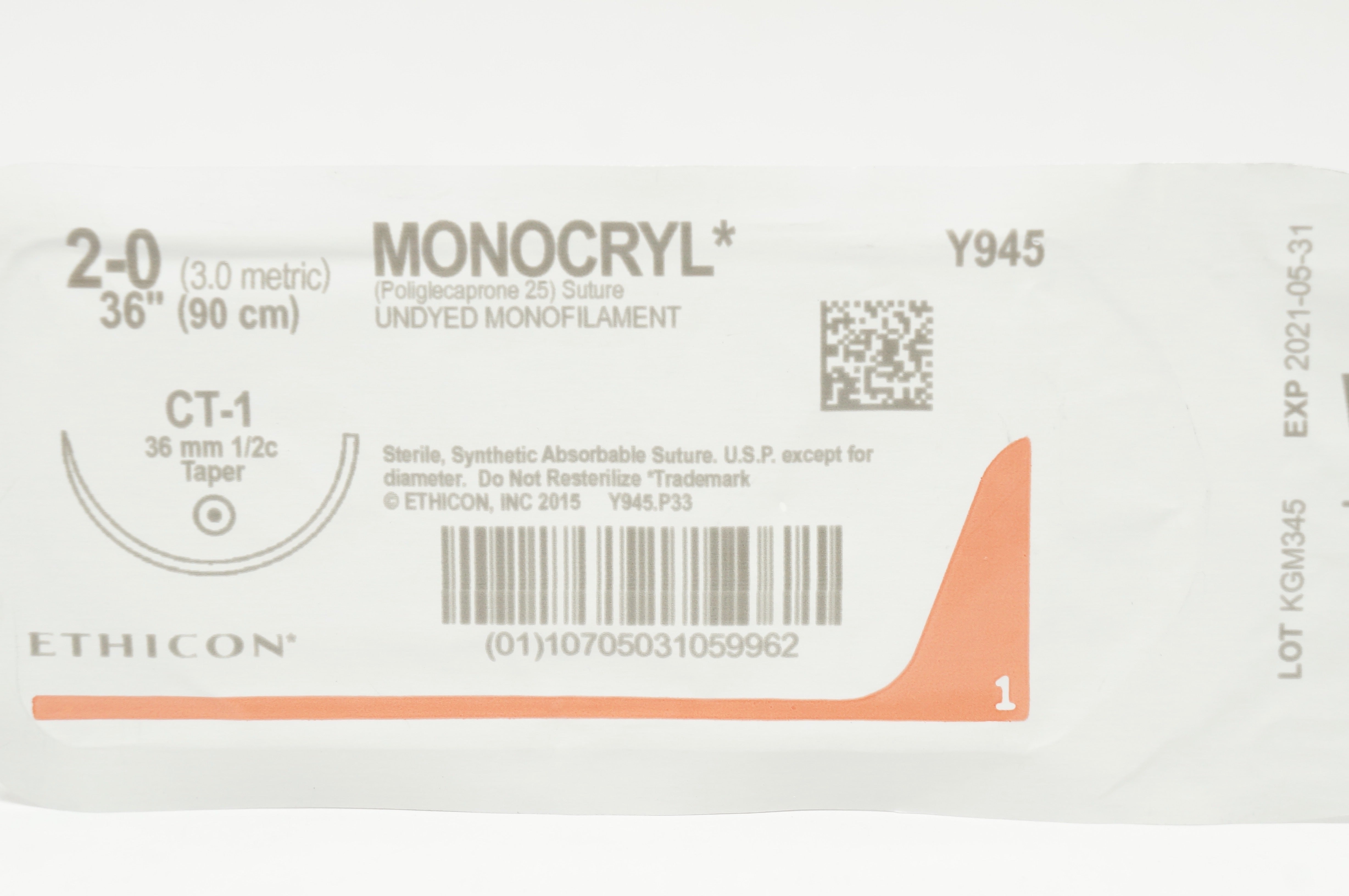 Ethicon Y945 2-0 MONOCRYL Undyed Monofilament, CT-1 36mm 1/2c Taper, 36inch (x)