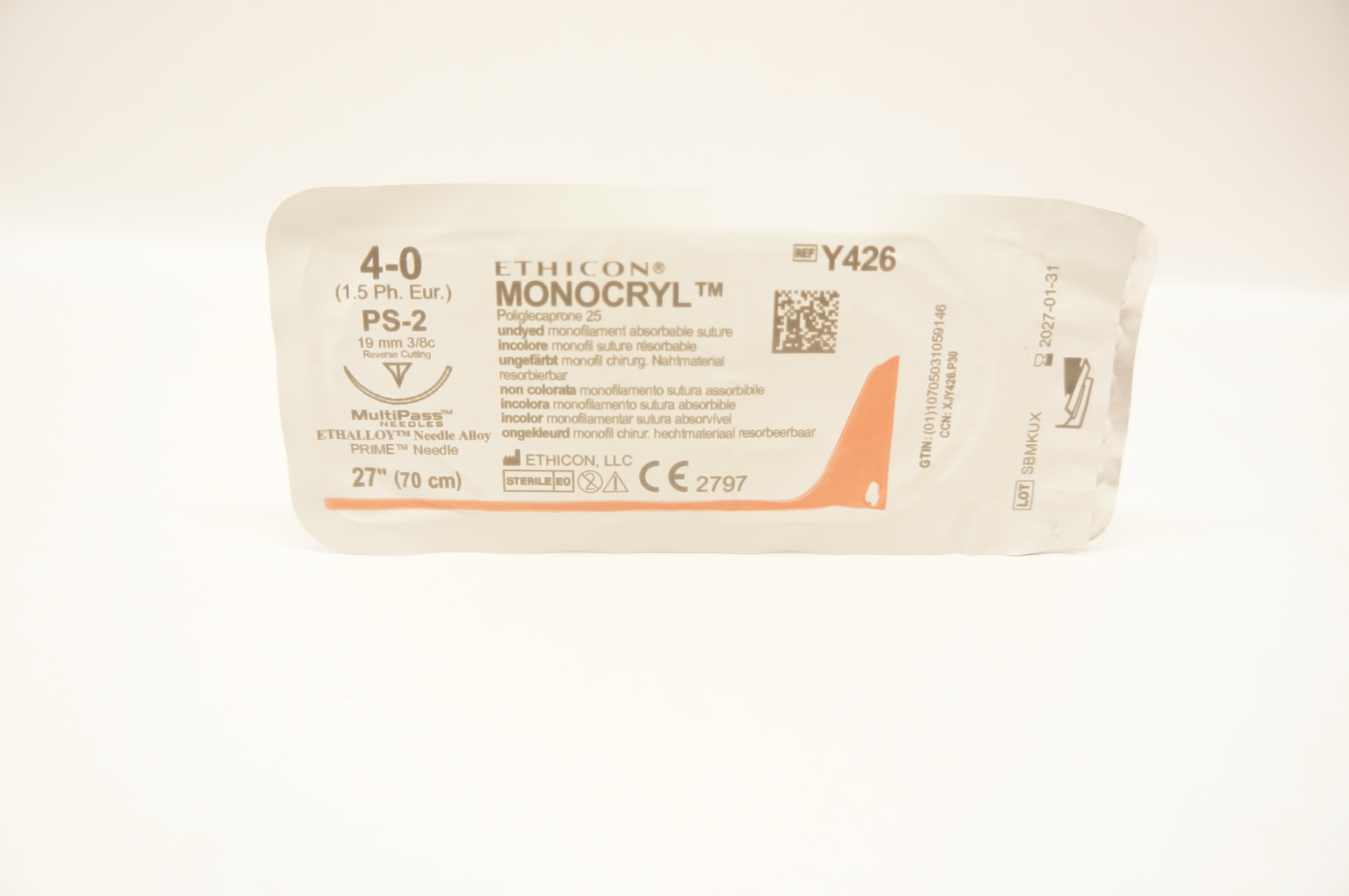Ethicon Y426 4-0 Monocryl Synthetic Stre PS-2 19mm 3/8c ReverseCutting 27inch