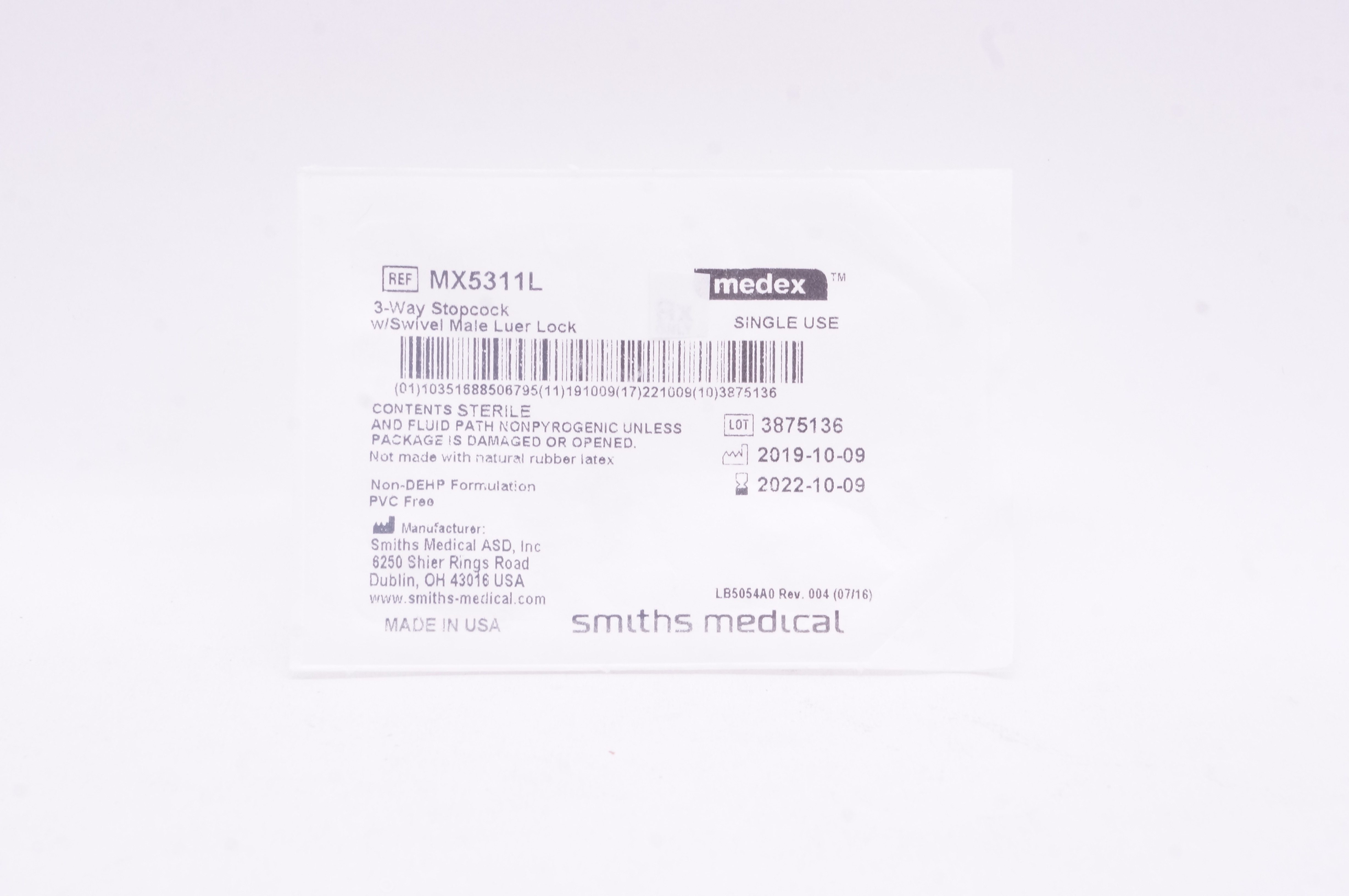 Smiths Medical MX5311L Medex 3-Way Stopcock with Swivel Male Luer Lock