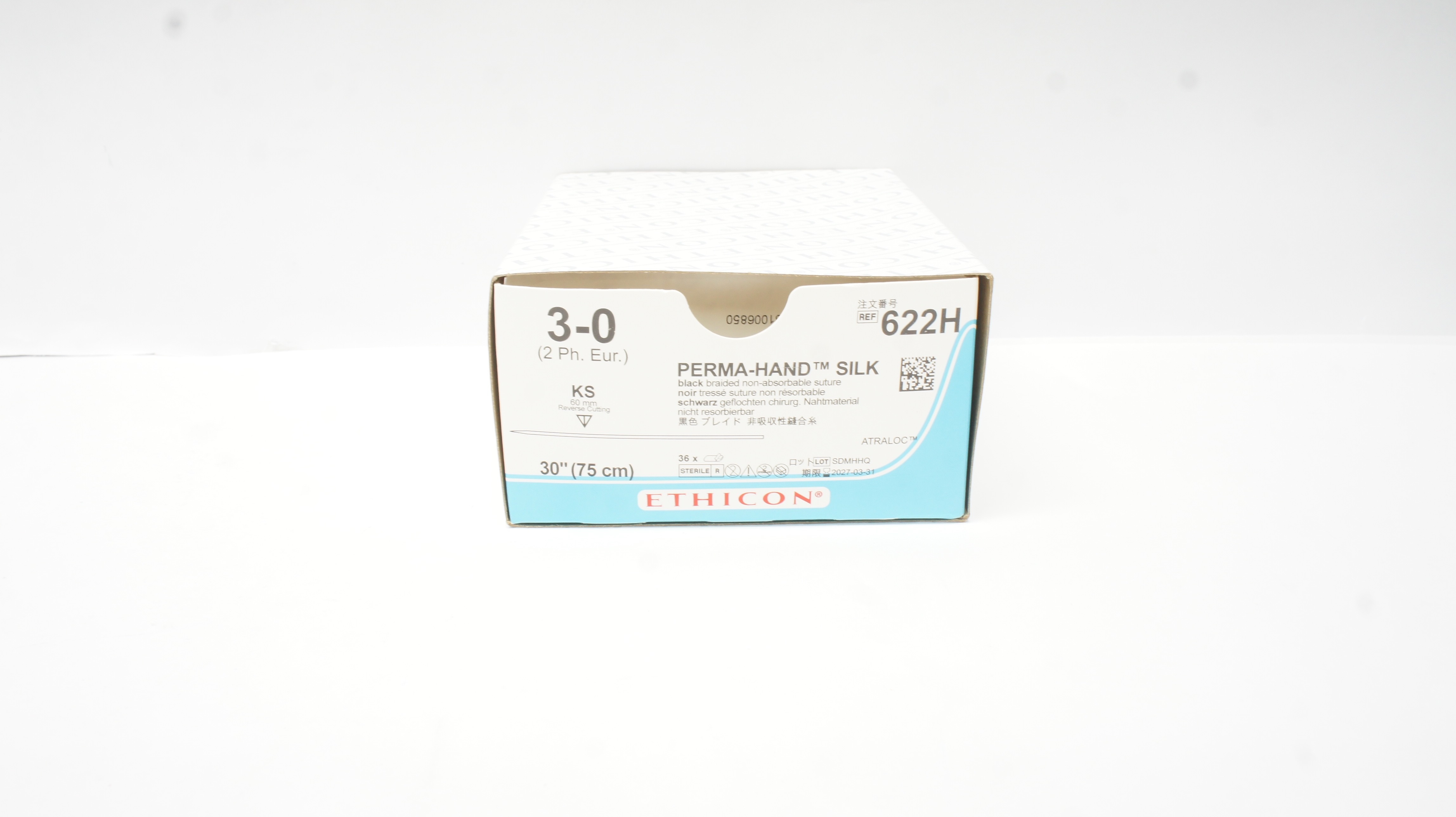 Ethicon 622H 3-0 Perma-Hand Silk, KS, 60mm Reverse Cutting, 30inch - Box of 34