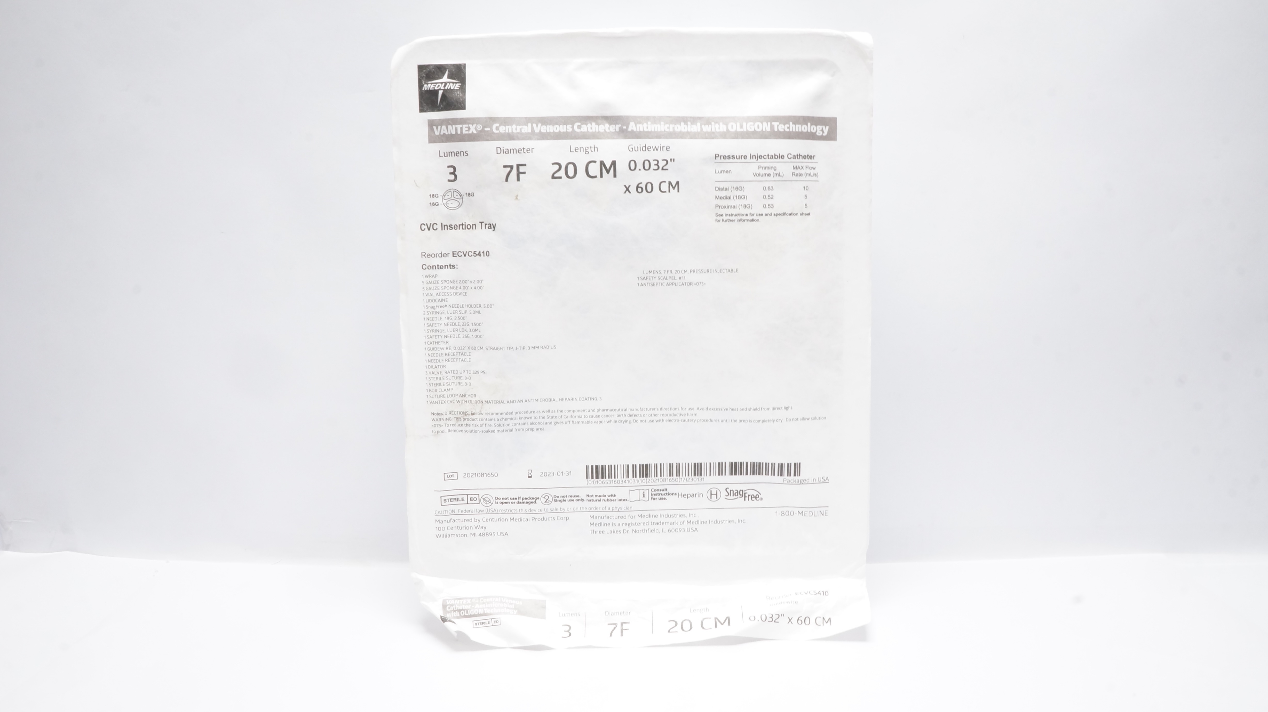 Centurion ECVC5410 VANTEX Central Venous Cath. Antimicrobial w/OLIGON 7Fx20cm(x)