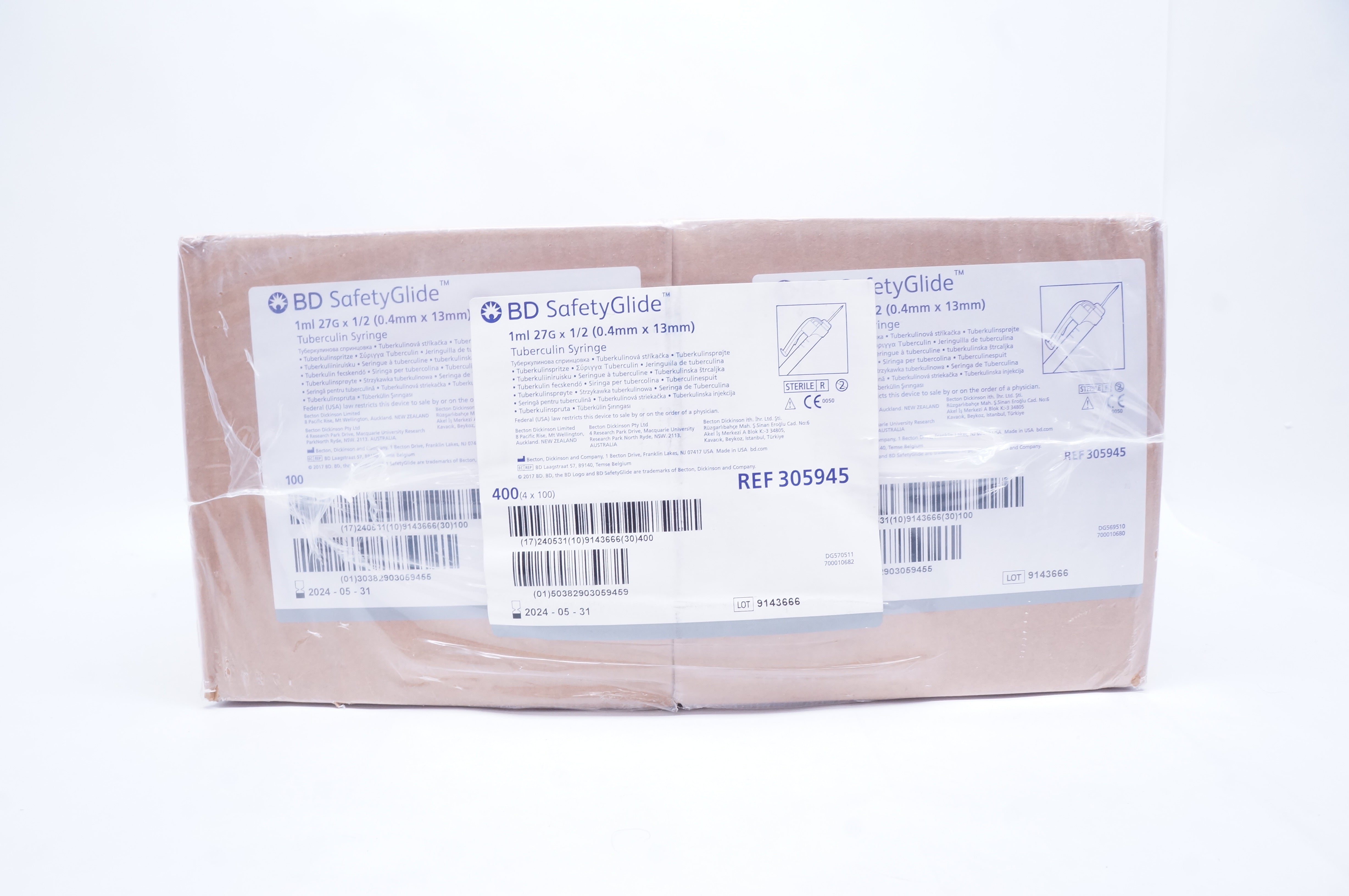 BD 305945 SafetyGlide Tuberculin Syringe 1ml 27G x 1/2 - Box of 400