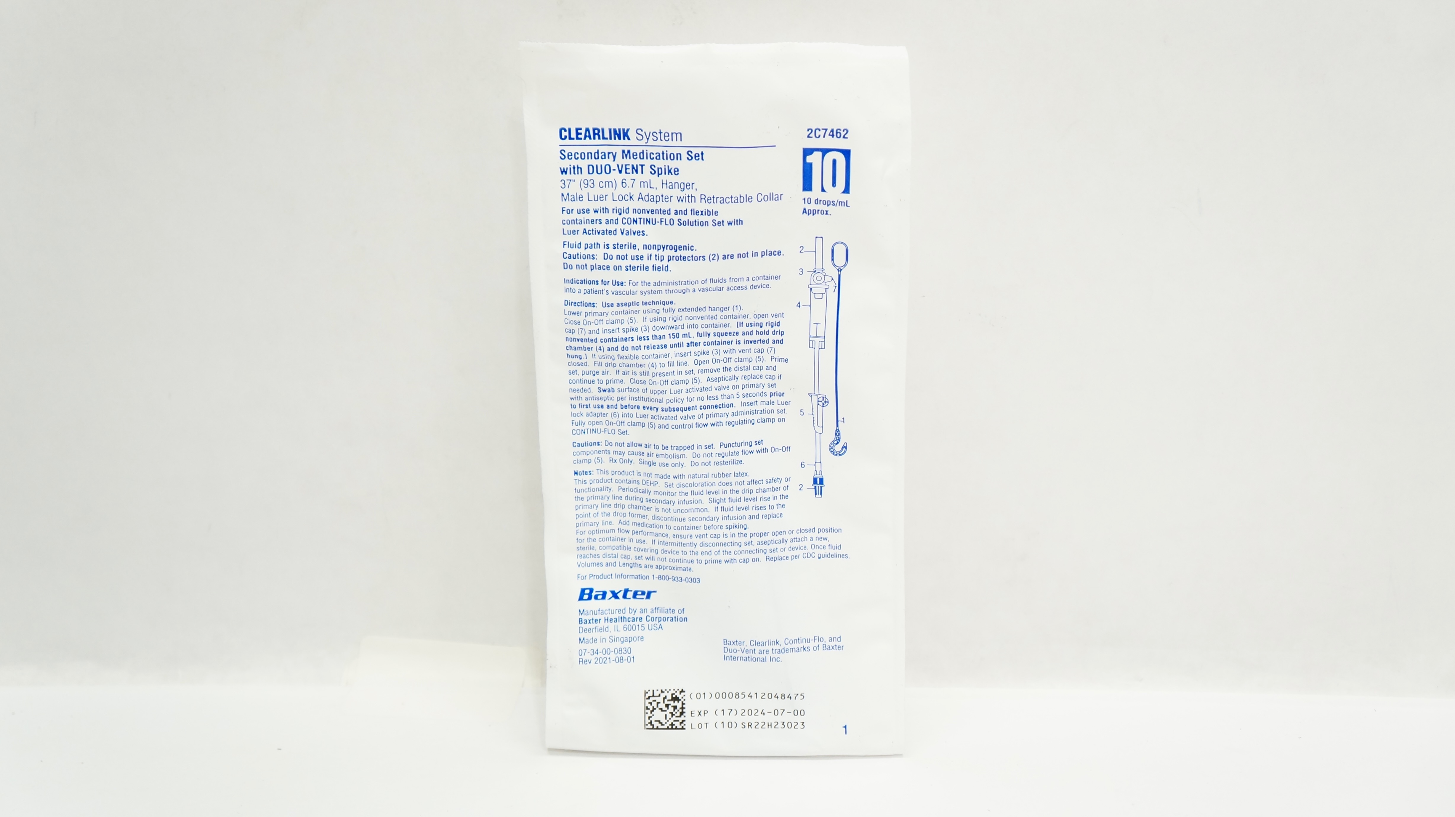 Baxter 2C7462 Clearlink System Secondary Medication Set 37inch x 6.7mL Hanger