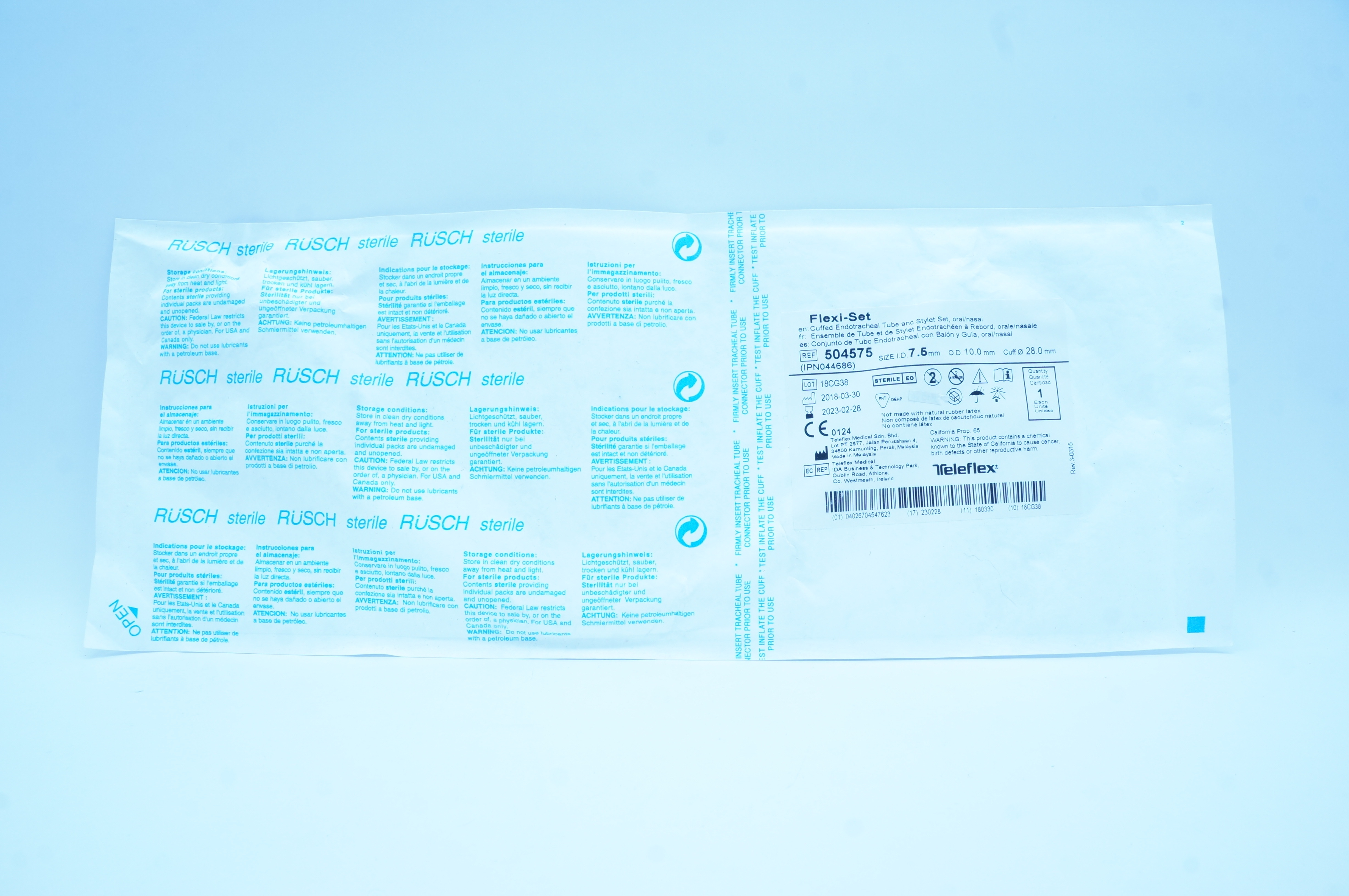 Teleflex 504575 Flexi-Set Endotracheal Tube & Stylet 7.5 ID x 10.0mm OD x 28.0mm